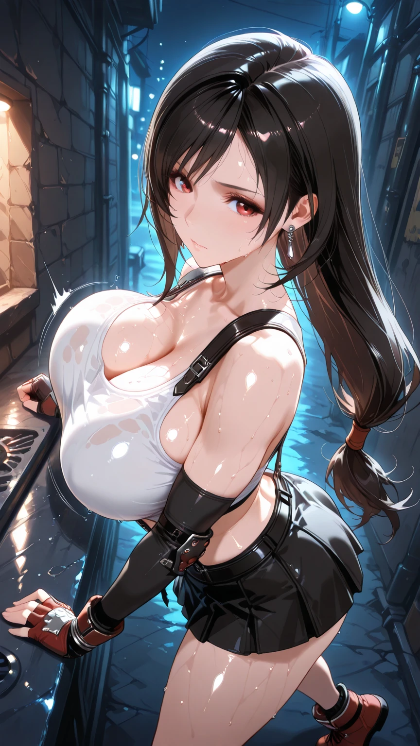 score_9、score_8_up、score_7_up,One girl、Hyperrealism style、Photorealism style,Real、tall、Perfect female body、Kneel、Big Breasts、lips、Upper Body、Long Hair、Staring at the audience、Detailed Hair、Perfect Face、Beautiful woman、blush、bangs、Brown Hair、Dark dark dungeon background with stone walls、Brown eyes、Narrow eyes、Earrings、suspenders、(((Tifa Lockhart)))、Sweaty、Wet、開いたlips、Upper Body、naked、Detailed nipples、(Mature Woman)、(Plump areola:1,1、Plump nipples:1,1)、Detailed eyes、(shibari、Mature Woman、Slave collars、Put your arms behind your back、My arms are tied)、High resolution、high quality、最high quality、masterpiece、HDR、Volumetric lighting、Highest production values、masterpiece、((bkowjob、ティファが男のペニスをdeep throatしている、deep throat、Huge penis in mouth、Woman swallows man&#39;s penis、Penis in her mouth、His hands are holding her head、Cum on my chest)),His hands are gripping her hair、One man、A thick but not long penis、（Veiny penis)、(A face of pain as he can&#39;t breathe,steam:1.1)