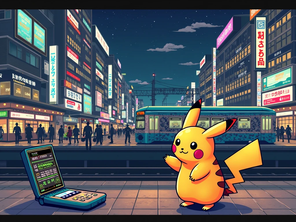 "An imaginative 8-bit retro scene set at Shinjuku Station in Tokyo, blending modern urban life with vintage video game aesthetics. A cheerful yellow Pikachu stands patiently on the platform, its blocky pixelated form glowing softly under flickering neon signs written in Japanese kanji. The background features a bustling train station rendered in classic 8-bit style: pixel-perfect commuters, low-resolution billboards displaying cryptic away messages like 'brb' and 'afk,' and a passing train covered in glitchy patterns reminiscent of early Game Boy graphics. In the foreground, a flip phone lies open on a bench, its tiny screen showing an ongoing MSN Messenger conversation typed out in green text against a black background ('C U L8R'). Subtle details include a CRT monitor reflection on nearby windows, a crackling dial-up sound effect symbolized by wavy lines, and a T9 keyboard overlay faintly visible as if floating in the air. The entire composition radiates warmth and nostalgia, capturing the magic of simpler times through vibrant pixel art."


Pikachu & Main Subject : +1.5
8-Bit Aesthetics : +1.4
Background Details : +1.3
Tech References (MSN Lycos, Alta Vista Digital, Yahoo, Windows 98, T9, Dial-Up) : +1.2
Lighting & Glows : +1.1
Sound Effects Visualization : +0.9
Urban Setting (Shinjuku Station) : +1.0