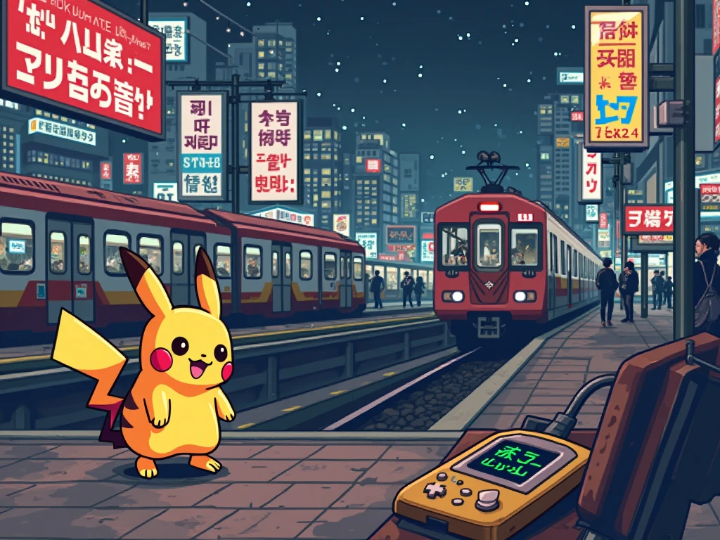 "An imaginative 8-bit retro scene set at Shinjuku Station in Tokyo, blending modern urban life with vintage video game aesthetics. A cheerful yellow Pikachu stands patiently on the platform, its blocky pixelated form glowing softly under flickering neon signs written in Japanese kanji. The background features a bustling train station rendered in classic 8-bit style: pixel-perfect commuters, low-resolution billboards displaying cryptic away messages like 'brb' and 'afk,' and a passing train covered in glitchy patterns reminiscent of early Game Boy graphics. In the foreground, a flip phone lies open on a bench, its tiny screen showing an ongoing MSN Messenger conversation typed out in green text against a black background ('C U L8R'). Subtle details include a CRT monitor reflection on nearby windows, a crackling dial-up sound effect symbolized by wavy lines, and a T9 keyboard overlay faintly visible as if floating in the air. The entire composition radiates warmth and nostalgia, capturing the magic of simpler times through vibrant pixel art."


Pikachu & Main Subject : +1.5
8-Bit Aesthetics : +1.4
Background Details : +1.3
Tech References (MSN Lycos, Alta Vista Digital, Yahoo, Windows 98, T9, Dial-Up) : +1.2
Lighting & Glows : +1.1
Sound Effects Visualization : +0.9
Urban Setting (Shinjuku Station) : +1.0