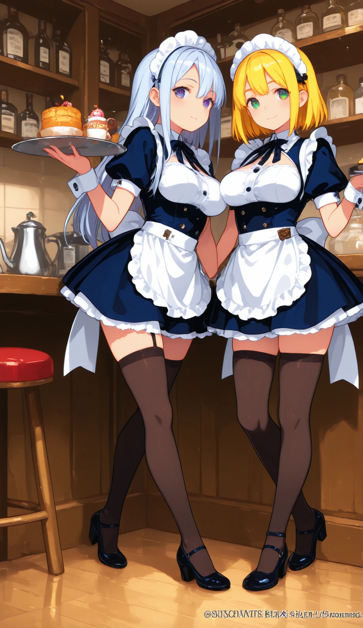 ultra-detailed, masterpiece, best quality, extremely detailed, anime, ((cocoa)), smiling, morning, clear sky, ((waitress)),lifting skirt,(( show off pussy)), nose blush, nude
