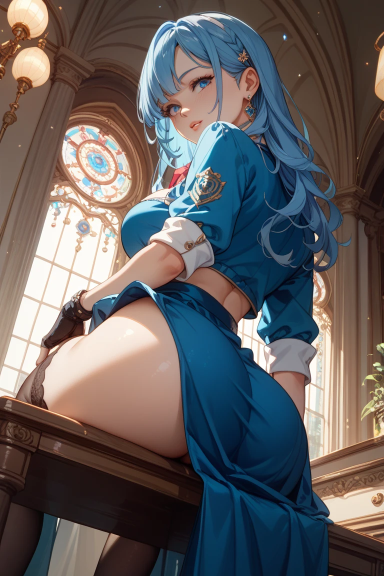 Girl. A world of swords and sorcery. Wearing evil armor. White underwear. Miniskirt. Knee-high socks. Big tits. Rear view. Opening the crotch. Sleeping with mouth wide open.