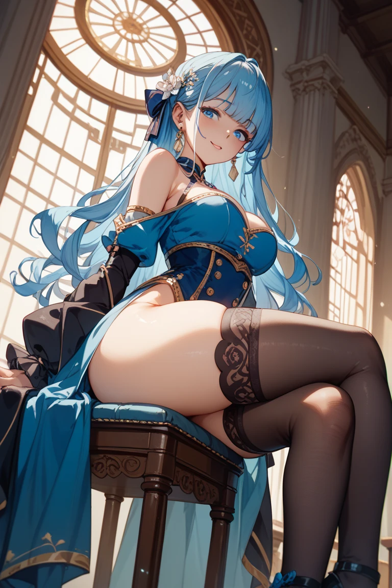 giant girl 50,000 feet high，Weight 1000kg，Have a pair of long legs，Has a pair of huge blue angel wings，With huge devil horns on his head，wear a crown on your head，Elf wearing blue earrings，She has long blue hair that reaches her feet，loose hair，Long curly blue hair，Wearing a pair of blue boots，blue lace gloves，Blue lace pantyhose，Bow and star embellished tights，蓝色蕾丝whole body，Touch your hair gracefully，Leaning on a tall building，Beautiful appearance，Exquisite makeup，quality，8k，高quality，Perfect proportion, Cinema lighting，film grain，Fuji colors，8k，textured skin，Super details，high detail，high resolution，fake smile，blood stains，脚底有blood stains，whole body，fat，elf princess，feather，flowers