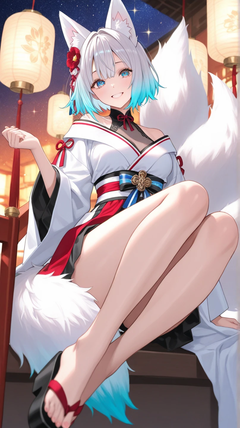 (masterpiece, best quality:1.2)((silver white hair))((violet eyes)),solo,1girl,((eyes tilted outwards)), ((standing_fox_ears)),((fluffy_fox_tail)), milf ,averting_eyes,hair_between_eyes,basic_blue_hairpin,blue_nail_polish,bob_hair,short_hair, (medium breasts), nontraditional_miko, non_revealing_outfit, japanese_clothing, blue_miko_clothing, (reference images)
