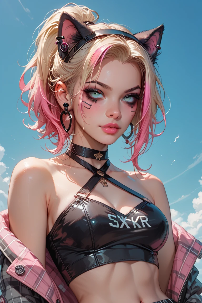 (masterpiece, top quality, best quality, official art, beautiful, cosmic, atmospheric, psychedelic, dreamlike and aesthetic, swirling psychedelic cosmic graffiti patterns:1.2), (1girl), extreme detailed,(fractal art:1.3),colorful,highest detailed, "(Best Quality, 8K, 32K, masutepiece:1.3), Ultra-detailed, (Photorealistic:1.4), pink and white colors, perfect color scheme, albino, Punk rock Girl, Detailed moonlight eyes, full body portrait, Luxurious neon white punk hair, Edgy Harajuku-inspired punk rock fashion, super huge enormously gigantic tits, cleavage showing, Avant-garde makeup, Numerous piercings, Heavily tattooed body, swirling psychedelic cosmic dreamlike graffiti pattern background