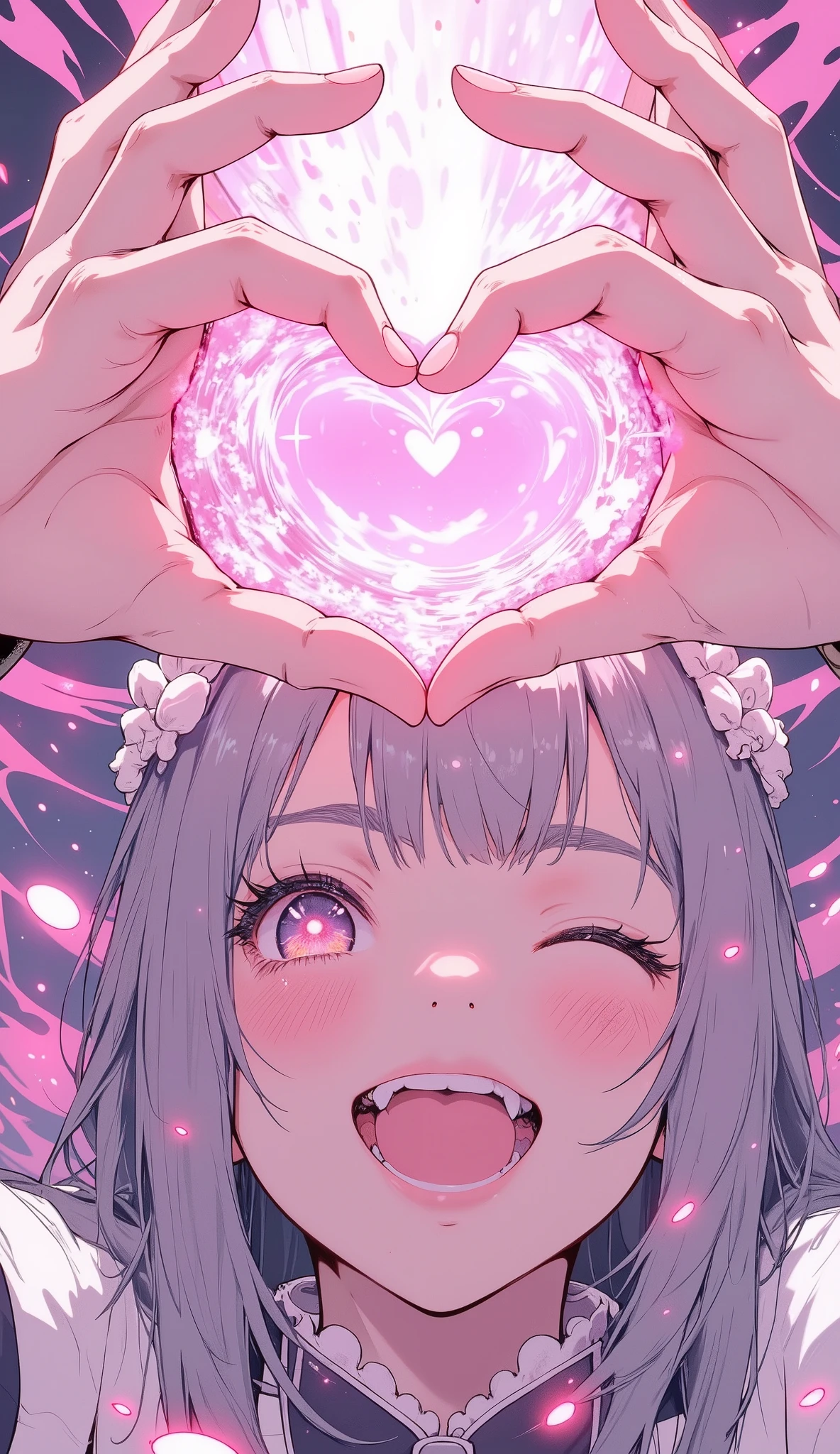 (masterpiece, best quality, ultra detailed, 8k resolution),
(anime style, pastel color palette, very soft and cute),
((dramatic low angle shot from omurice viewpoint)),
((extreme close-up of both hands forming heart shape above viewer)),
(1girl, adorable maid), (silver hair, twin tails with ribbons),
((biggest brightest smile ever)), ((eyes sparkling with stars and hearts)),
((absolutely ecstatic expression)), ((overflowing with joy and love)),
((blushing heavily, very excited face)), (winking playfully),
((all ten fingers forming large heart shape together)),
((hands positioned to create perfect heart frame)),
((colossal love beam shooting downward)), ((overwhelming pink magical energy)),
((love explosion effects, hearts everywhere)), ((magical girl transformation-level effects)),
((Hunter x Hunter Netero-style dramatic composition)), ((epic scale despite cute theme)),
((forced perspective, dynamic angle)), ((maid appearing gigantic and powerful)),
pastel colors, kawaii aesthetic, overwhelming love power, magical cooking
