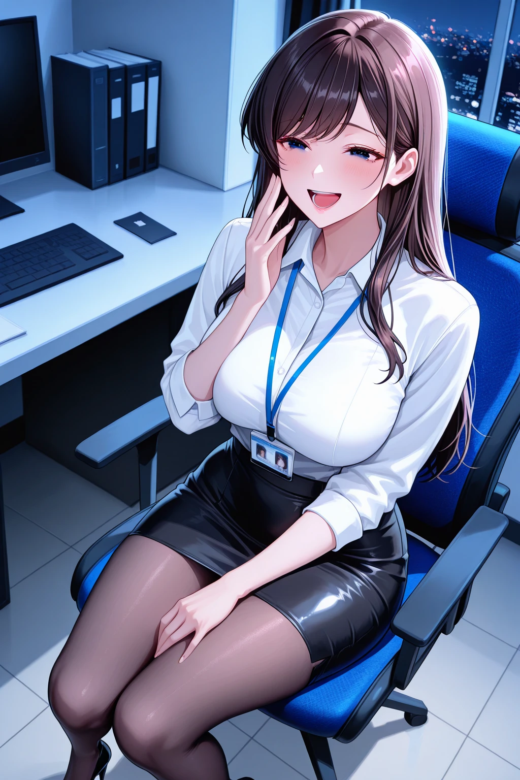 masterpiece、High resolution 8k、Browsing Caution、Sharp focus、Contrast lighting、Fine skin、Flying debris、 Highest quality、Ultra-high resolution、Ultra-high resolution、Detailed CG、stock exchange、Large office room、Lots of big monitors、Desk computer、transaction、document、stock、Chart Screen、Office Lady、Woman sitting on chair、(Legs wide open:1.2),Show me your panties,Beautiful Eyes、(Detailed Faces and Faces:1 .2)、Narrow eyes、Almond Eye、Iris、Eye Gradation Eye Highlight:1.2)、(Light reddish brown hair、middle、Asymmetrical bangs)、(ID card、Shortage of office wear blazers、White dress shirt、Black Pencil Skirt、pumps)、(Fuller lips、Glossy Lips、 size) 、(Oval Face : 1.4)、(Thin fingered arms、Detailed human hand)、