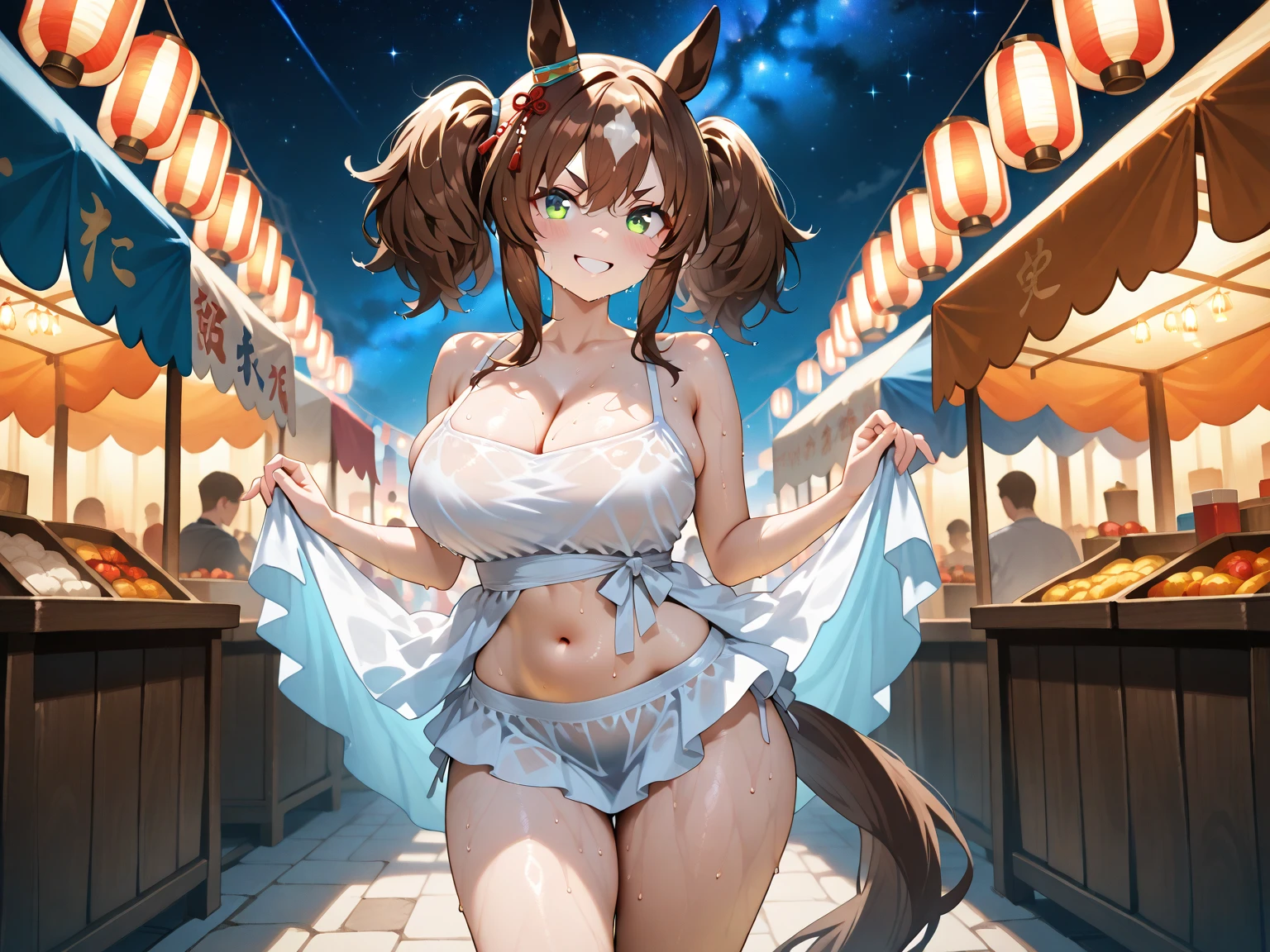 (Highly detailed CG Unity 8k wallpaper), (Best Quality), (Super Detail), (Best Illustration), (Best Shadow), POV, Realistic lighting and shading, Natural light, Lens flare effect, BREAK, 1 beautiful girl, Solo,(Cute:1.5),(Chibi:0.8), (kawaii:1.5),(Lori:0.5), BREAK, ( (17 years old girl), Very detailed, colourfull, highest details, BREAK, (Huge breasts: 1. 2,), Clear skin, Beautiful skin, Shy skin, 1 beautiful girl, Brown hair wet with sweat, (Cat ears, Bonytail,medium-Long hair: 1. 2), (Light blue eyes, long eyelashes, Double eyelids: 1. 2), Solo, gleaming skin, BREAK,(Breast sarashi,Red Brown,「sacrifice to」Red Happy Lighting:1.2), (:D:1.2), (star-shaped earring:1.1), (Hair ornament in the shape of the moon:1.0), (Geta:1.3), (Arms spread with high tension:1.1), (is standing,Slouched:1.3),, (Angle from above,Emphasizes cleavage:1.1), BREAK, (omatsuri:1.2),(🌃,Awaodori Tower,natta,skyrocket:1.5),