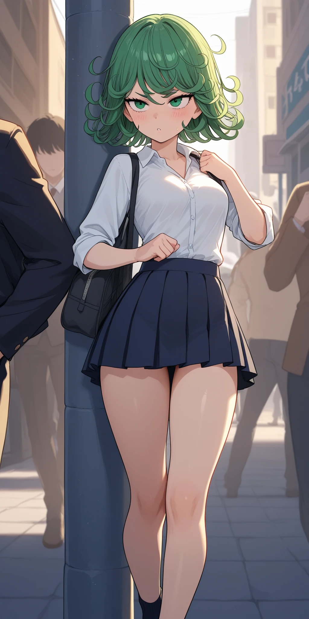 woman、 Age 25, Brown eyes, Shiny skin、Long brown hair, Wearing a white shirt, Big Breasts,Center View, High resolution, Ultra Sharp, 8K, masterpiece、Inside the shopping mall、People walking behind、、A look of contempt、The pose is random、Glare、(((Directly below)))、Pleated skirt、、Stand up straight、(((Black panties)))、Random Color、Ass、Assの近くにバイブレーター