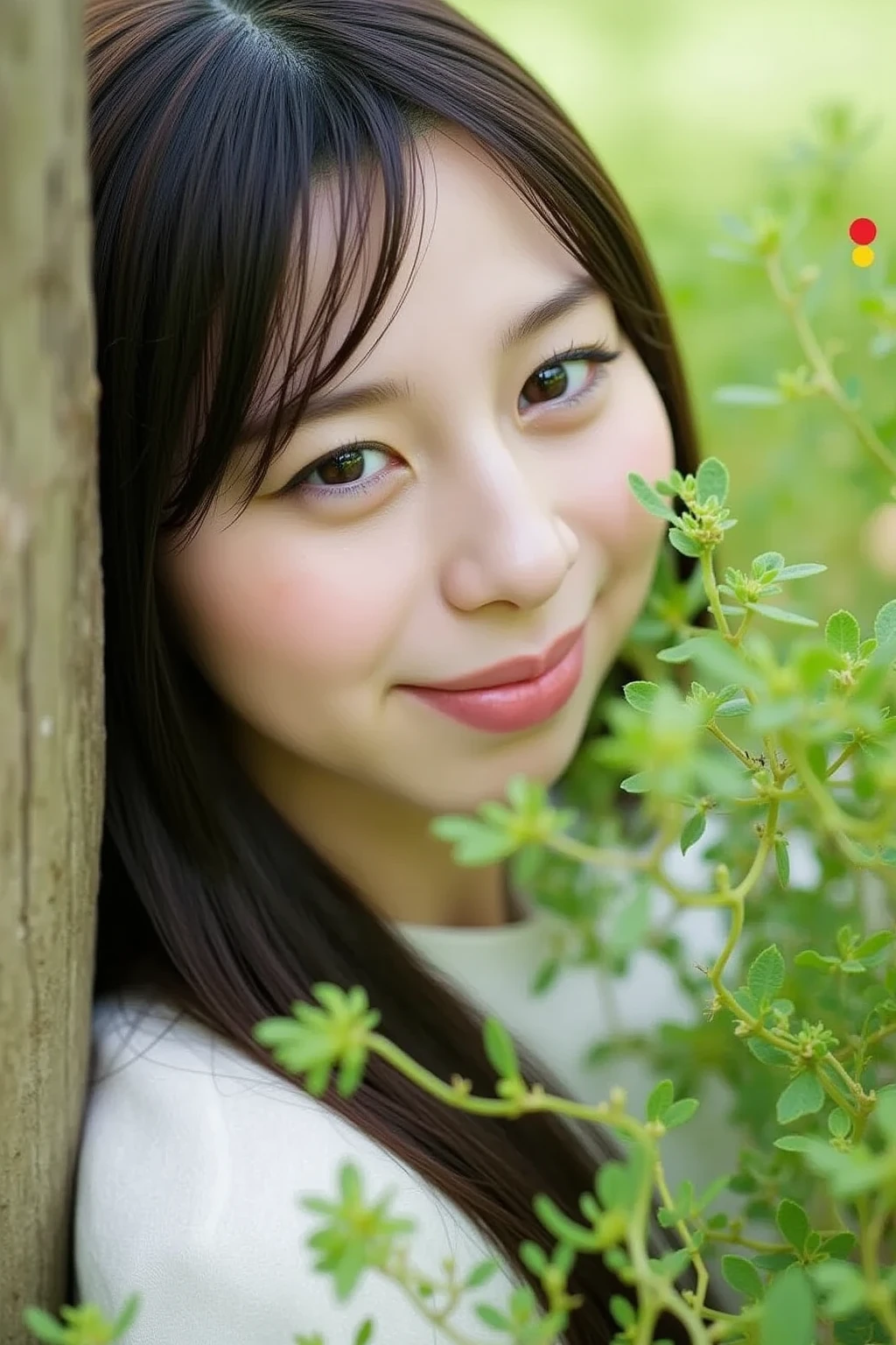 smiling woman holding a plant with a small bird on it, chiho, with matsu pine trees, joy ang, louise zhang, 奈良美智, xintong chen, yun ling, narumi kakinouchi, chiho ashima, tsutomo nihie, aoshima chiho, wenfei ye, jen zee