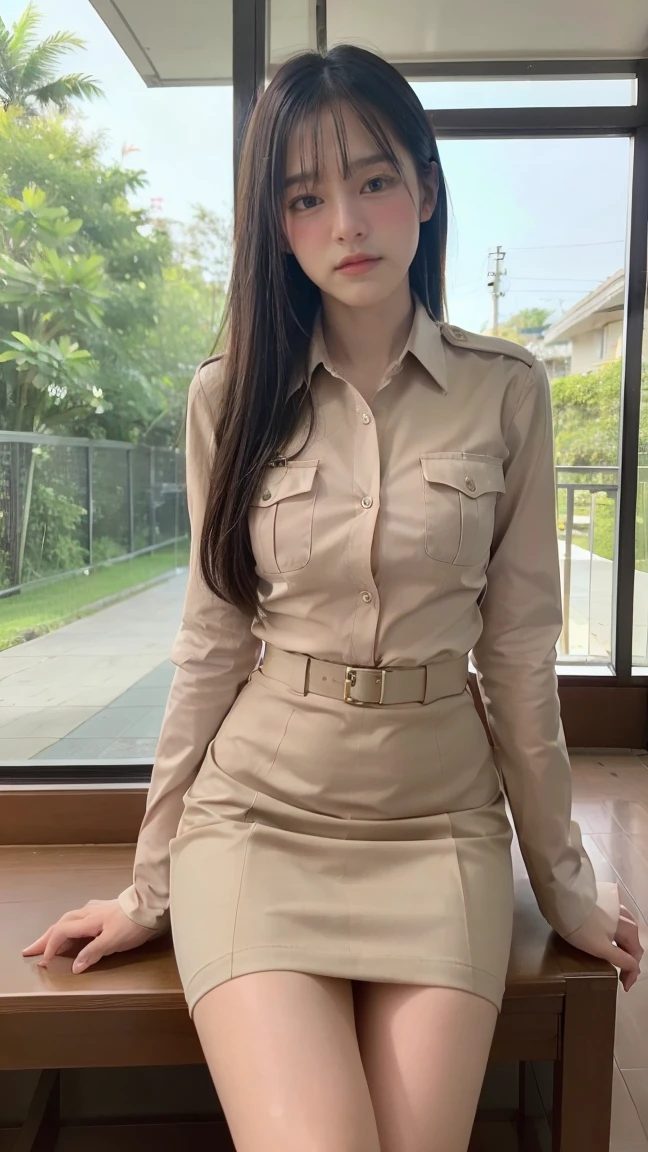 khaki blouse, beauty, knee-high boots, camouflage helmet, avav, vibrator grip, blindfold,