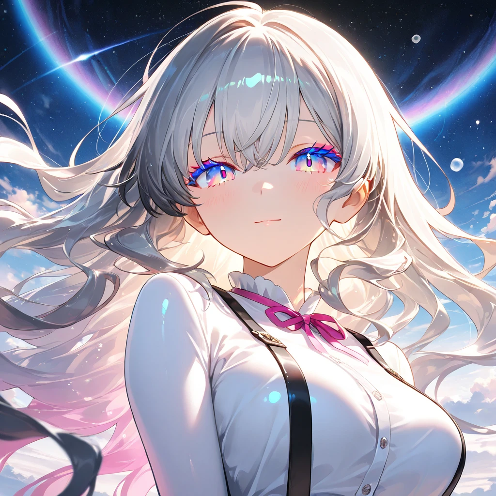(Messy light)、(The best shadows)、Attractive, colorful eyes that shine beautifully,beatfiful face, ultra detailed face, 1 lady, solo masterpiece, Highest quality, ultra detailed, CG unity 8k wallpaper, Cinema Lighting, Lens flare, ultra detailed eyes,silver hair, very short hair, (evil smile:1.2), (evil grin:1.3), (sharp eye:1.2),(scowl:1.1), (stare at viewer:1.5), (smug:1.2)(embarrassed,blush:1.3), (ecstasy:1.3) ,(slut:1.2),(vulgarity:1.3),(fucked silly:1.1),(wet:0.8),(drooling:0.6),(sweat:0.8), white collared shirt, (put index finger on mouth:0.8), light blue eyes, sparkling eyes, pink lips, beautiful lady, cityscape, midnight, backlighting,((Streaks of Light refraction Glowing white lines)), Shining Background, Shining Edges,men’s shirts, oversized shirts, upper body, colorful sky. Colorful stars, vibrant auroras, front view, straight-on , eye-level shot,