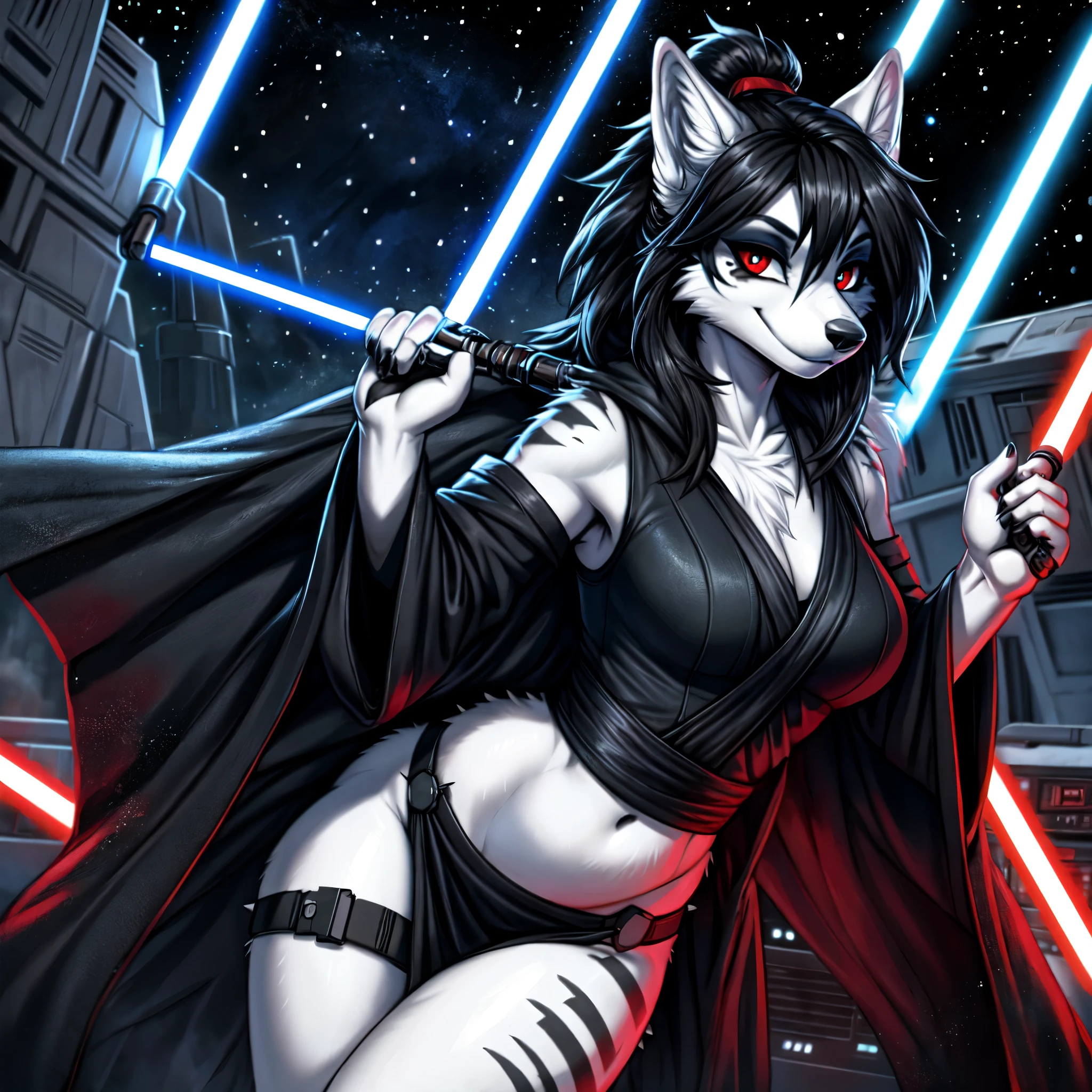 ((masterpiece,best quality)), 4k, highres, white wolf, long messy emo spiky black hair, 1girl, female, solo, smile, , gothic makeup, red iris eyes, black pupils, curvy body, jedi, star wars, anatomy correct