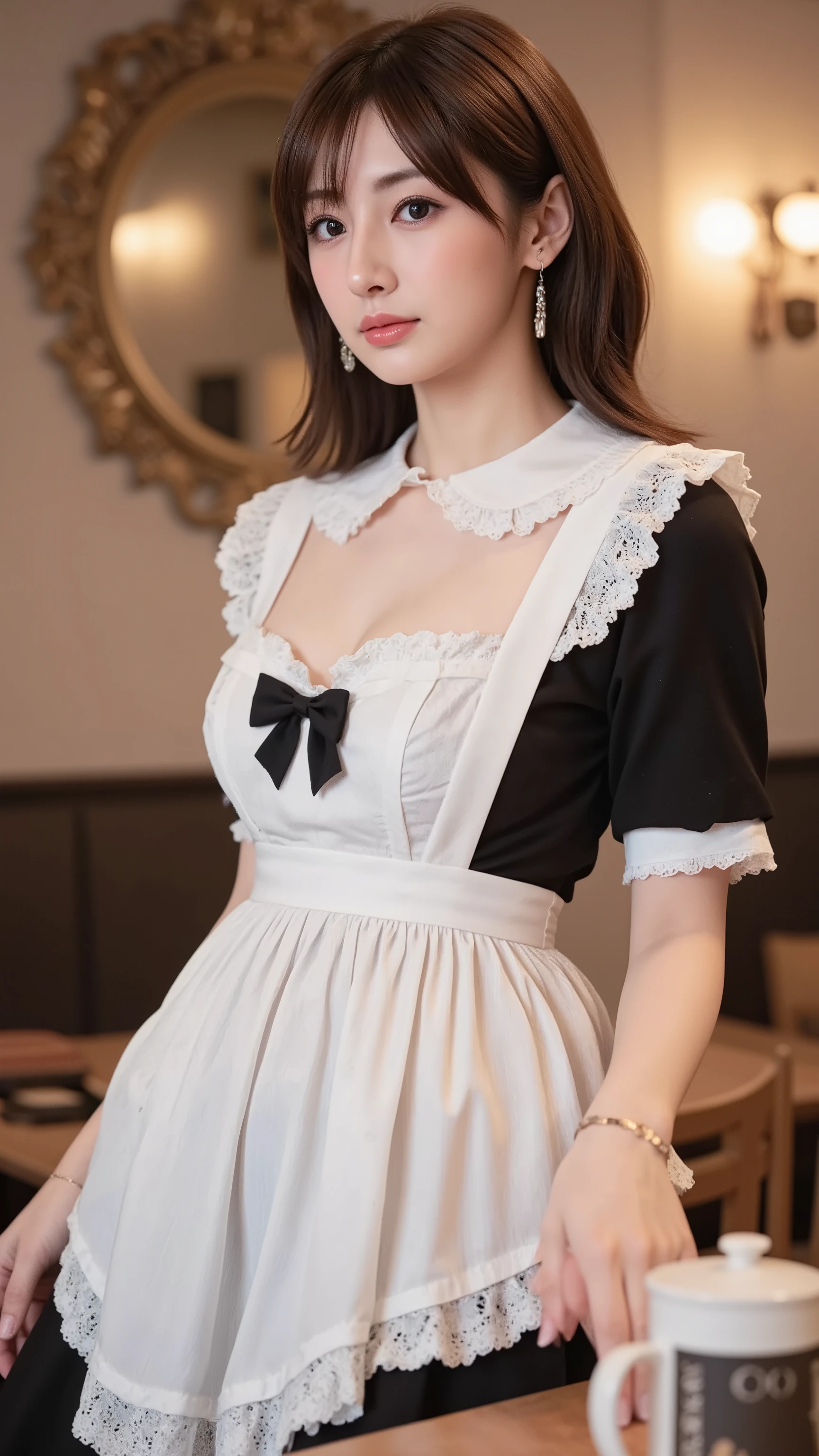 (masterpiece), (best quality), (), (realistic:1.3), (modern gothic cafe interior:1.4), (beautiful Japanese woman:1.5), An ultra-busty Keiko Kitagawa working at a maid café, wearing a gothic-style maid outfit with a loose-fitting chest area, emphasizing her deep cleavage, ((super huge ample breasts))