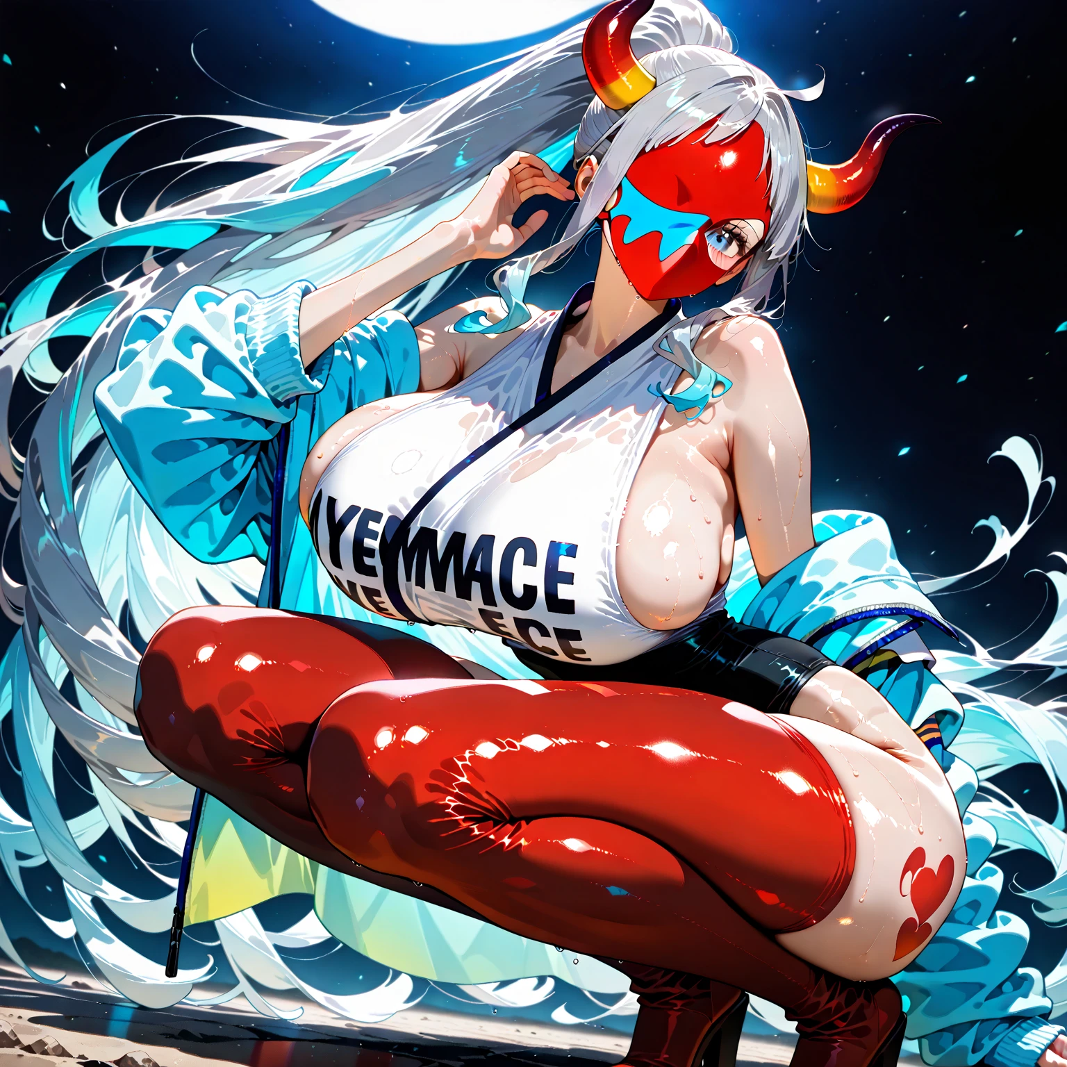 Yamato de hoja de una pieza., Multiple Design, Vista desnuda de cuerpo completo, frente, lado, Back, cara perfecta, ojos naranjas, hermosa mujer (yamato de una pieza), personaje en topless, Pose de baile, muscular Back female, Multiple poses, (Character design sheet) piel blanca, pecho grande perfecto, pelo blanco, design sheet, falda larga roja.