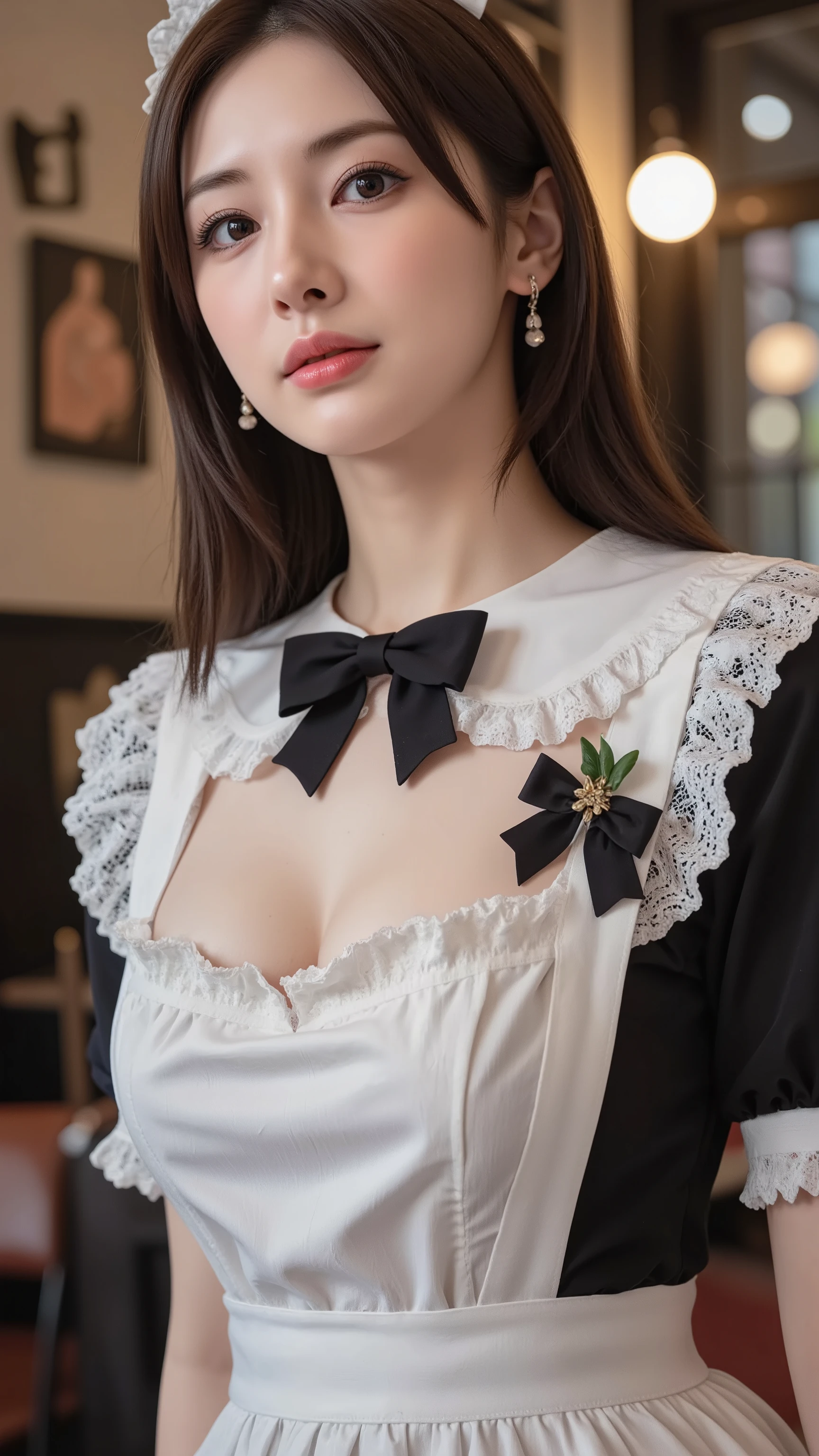 (masterpiece), (best quality), (), (realistic:1.3), (modern gothic cafe interior:1.4), (beautiful Japanese woman:1.5), An ultra-busty Keiko Kitagawa working at a maid café, wearing a gothic-style maid outfit with a loose-fitting chest area, emphasizing her deep cleavage, ((super huge ample breasts))
