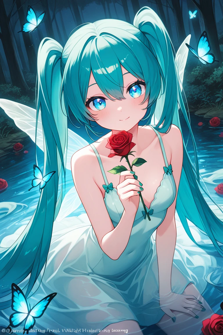 1girl, ,little_girl,ruby, 1girl,little_girl,little_body,hadou nejire, boku no hero academia, blue eyes, blue hair, cute, long white nightgown, flower garden, butterflies