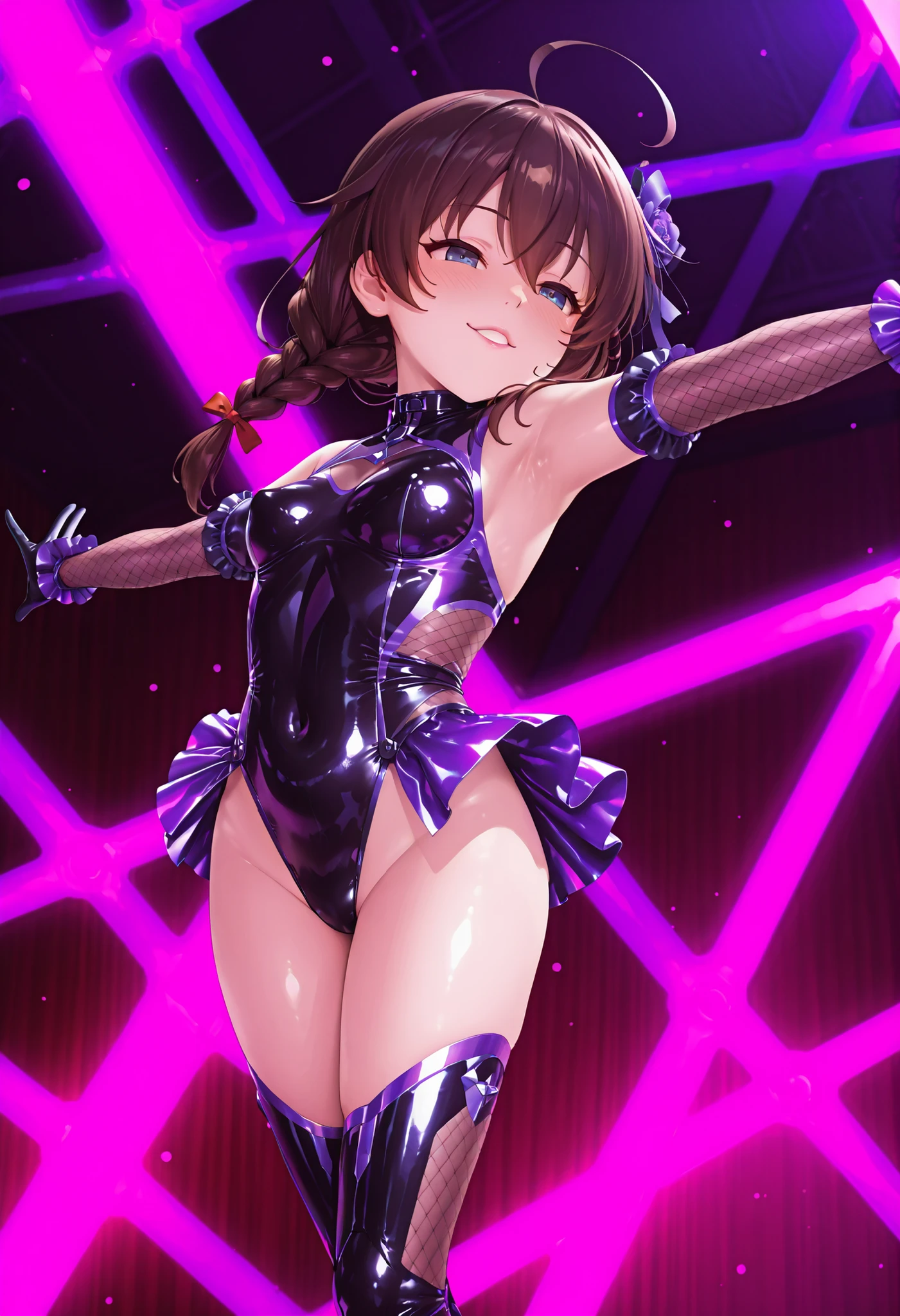((tanned adult woman), (( short purple hair, blue colored eyes,)), short red mini dress ( can you see the panties ), with sequins, open in the back, White-panties, tight ), slender, smile cute, (( dançando sexy in a nightclub )) , red lipgloss stick, (( on her back looking at the camera showing her ass )) (( in a nightclub )), Masterpiece artwork, high qualiy, rear lighting ))