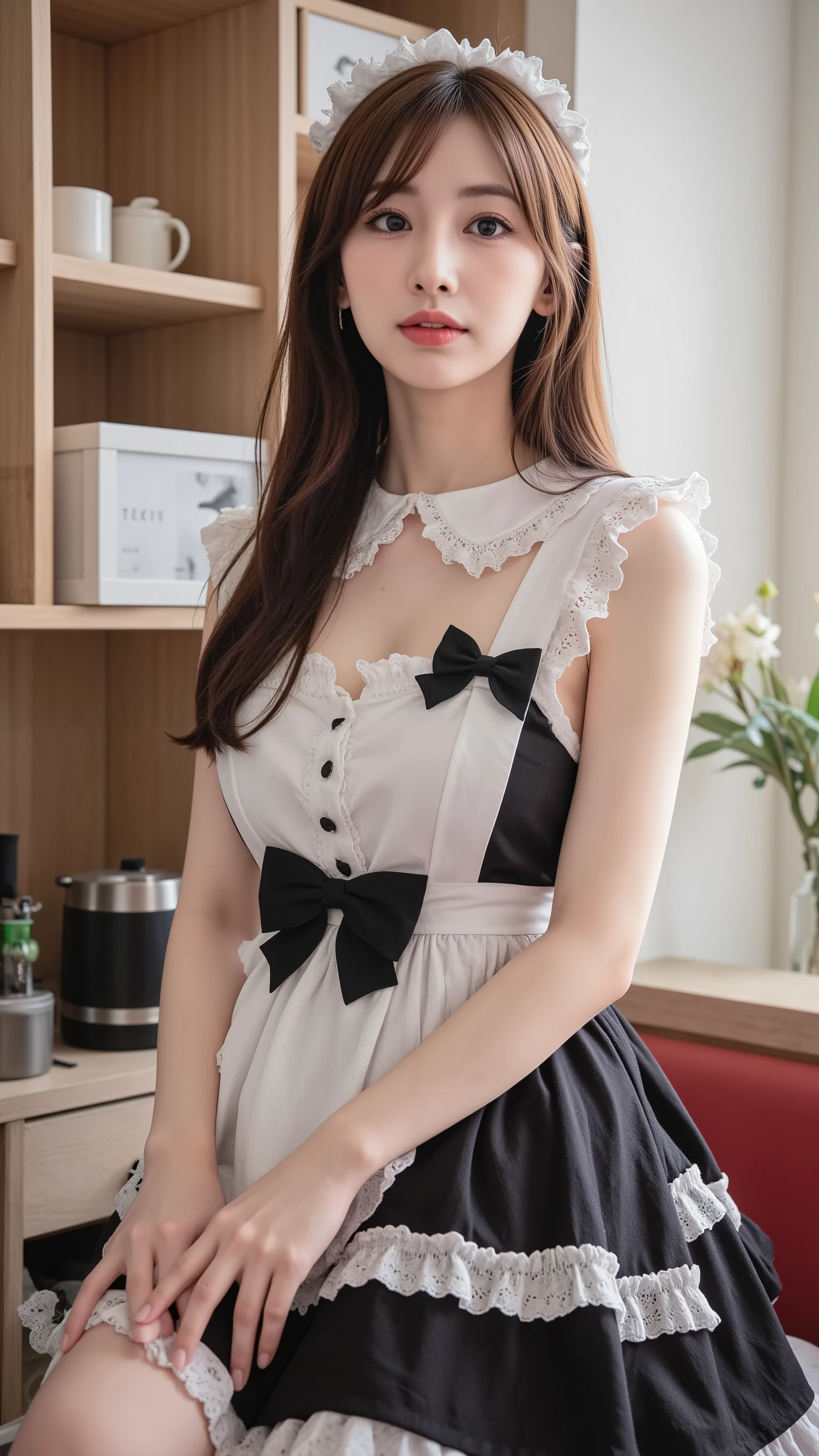 (masterpiece), (best quality), (), (realistic:1.3), (modern gothic cafe interior:1.4), (beautiful Japanese woman:1.5), An ultra-busty Keiko Kitagawa working at a maid café, wearing a gothic-style maid outfit with a loose-fitting chest area, emphasizing her deep cleavage, ((super huge ample breasts))