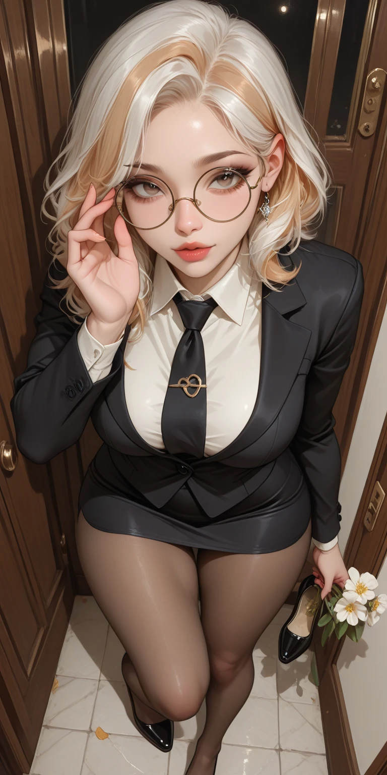 White-haired, glasses, big-breasted beauty standing without clothes on bath