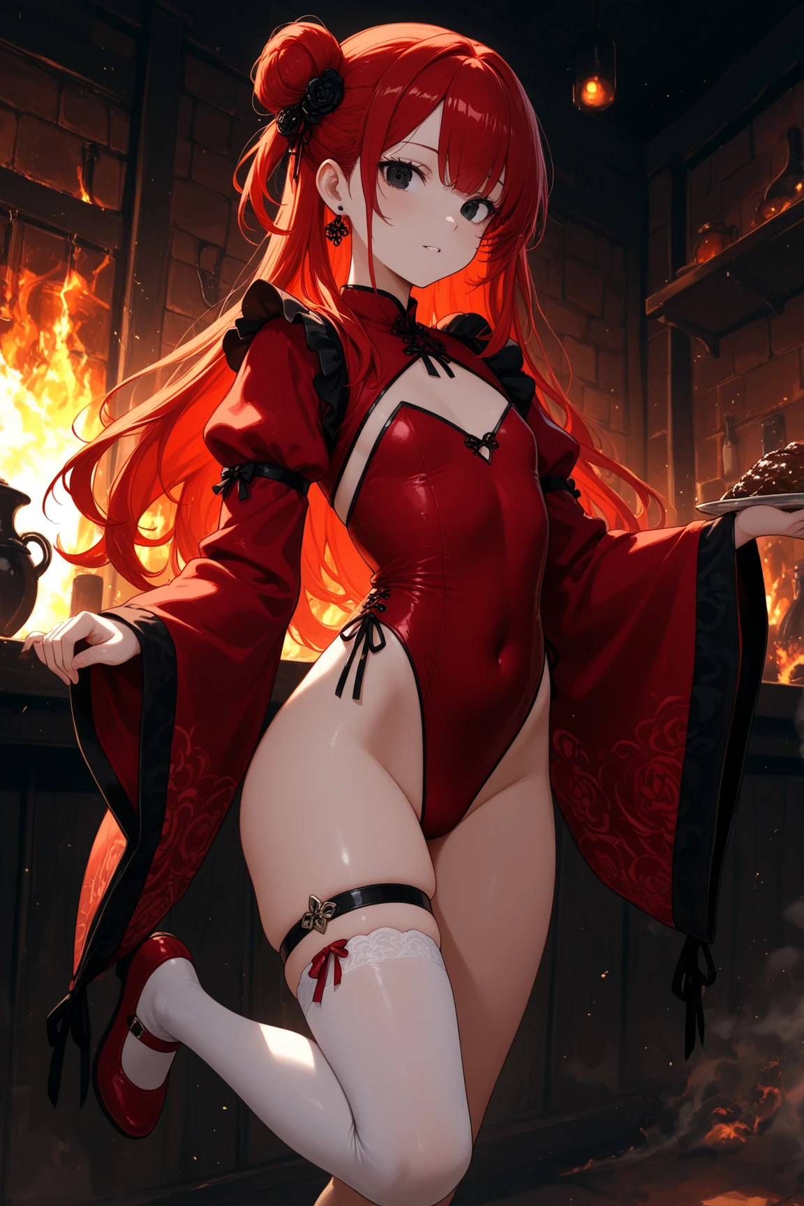 Masterpiece, Superb Body, Extremely Normal Body, Candle Night in the Cave House, Wedding Scene, ((Single Person)) (Point You By Ass) Mature Woman, Chinese Style, (Royal Sister), Chinese Costume Red Wedding Dress, Bun, Black Long Haired Woman, (Embroidered Cloth Shoelack Stockings, Red Lips, Gentleness, Intellectual, Three Belts, Wedding Background, Wan, Red Lantern, Festive Atmosphere, Face Close-up, Face Close-up