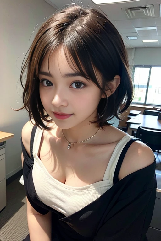finely, High resolution, high quality、完璧なダイナミックな構shape, beautiful and detailed eyes, short hair, small breasts、natural color lip,Kamimehibuya、20 year old girl、1 person、transparent skin、shining hair、table top, 最high quality, shape, Super detailed, finely, High resolution, 8K、correct state of the human body、self snap、hair blowing in the wind