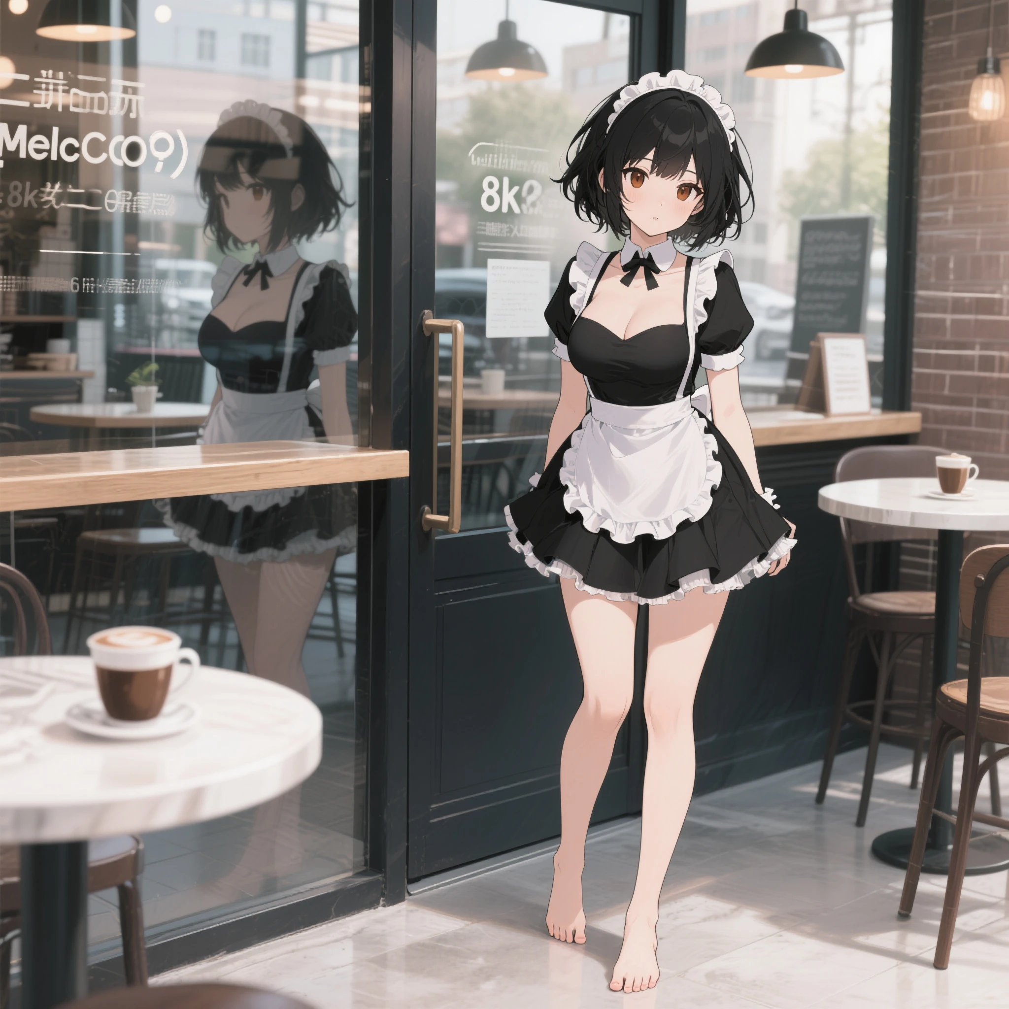 (solo), 1 skinny girl standing, show off large breasts, bursting breasts, (show off cleavage), short torso, (skinny too narrow waist), (skinny long legs), BREAK, (short dirndl), (too short skirt), thigh gap, stiletto heels, BREAK, nose blush, orgasm, (nsfw:0.2)