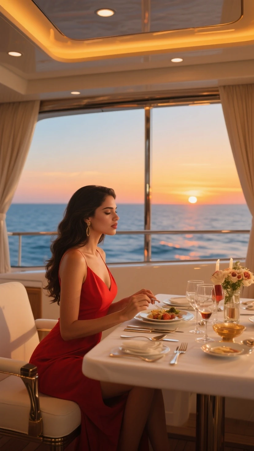 A large scene picture。evening,There is a yacht on the sea,Dinner on the yacht,Flowers on the yacht,Candles and a lady in an evening dress holding a wine glass。High resolution pictures。