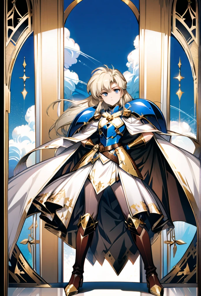 A full-body portrait of a adult woman in anime style, with long, light blonde hair, framed by a white mantle adorned with golden details. She has intense blue eyes and wears a form-fitting blue armor with intricate engravings of leaves and flowers, and golden metal pieces covering her shoulders and arms. A dark brown leather belt with metallic buckles secures her armor at the waist. She wears brown leather boots, standing in a dynamic action pose. A cross-shaped pendant adorns her chest. The background features a blue sky with fluffy clouds, highlighting her majestic and noble appearance, visible from head to toe.