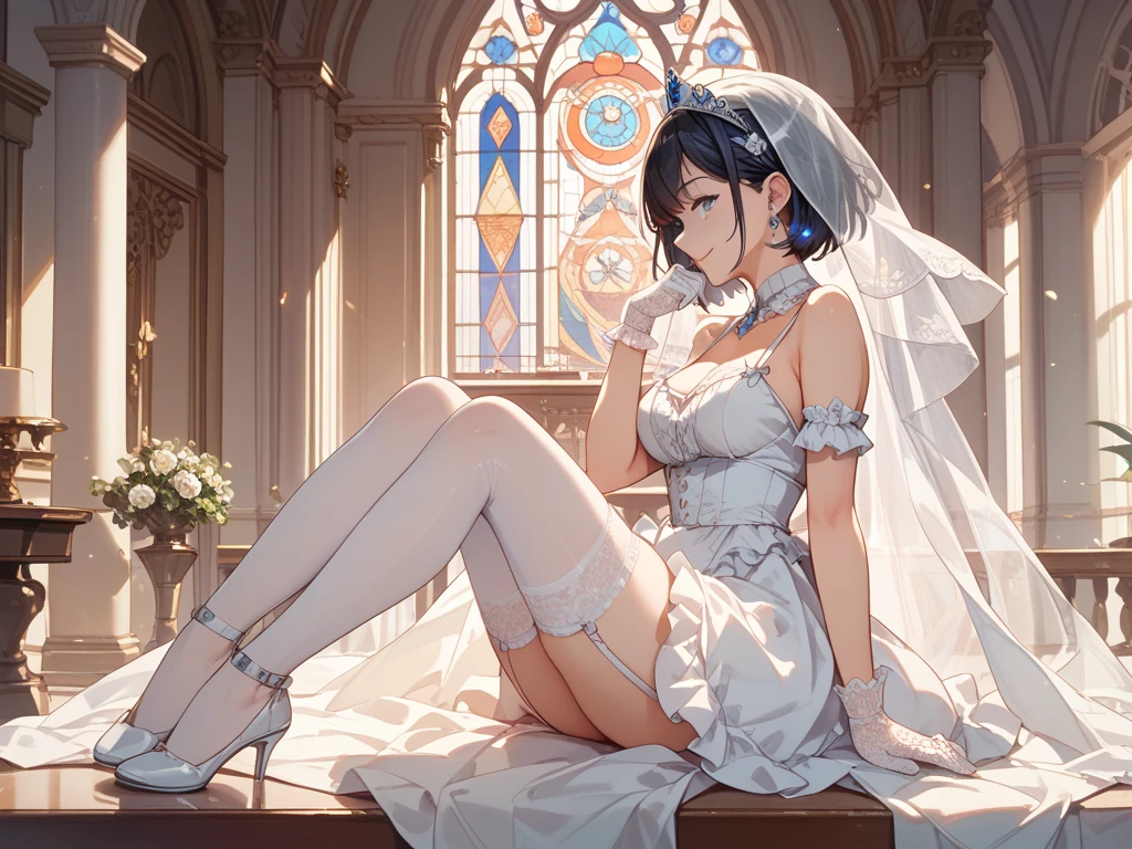 Masterpiece,Best Quality,1girl,独奏,ayanami_rey_Mogudan,Huge_pectorals,wide hips,thick-thighs,(Wedding dress with lace trim,cleavage),expressionless,blusher,hands on breast,Indoors,church,