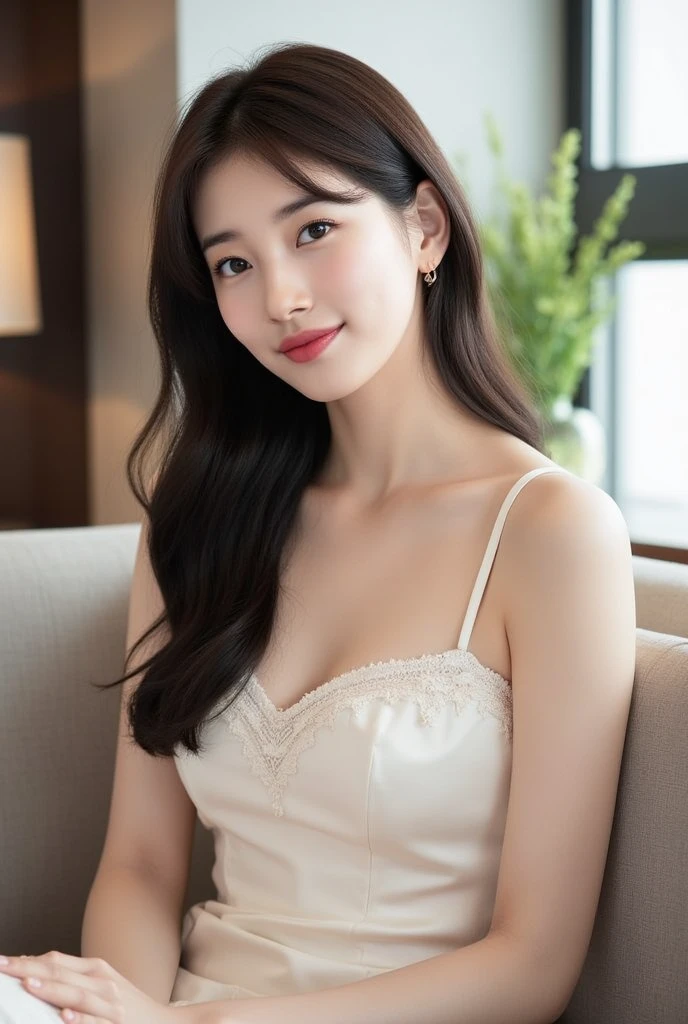(highest quality、Tabletop、8k、Best image quality)、38-year-old mature woman、(Upper body photo:1.1)、(formal silk dress、Elegant clothing colors、Elegant and precise attire、A tight skirt in an elegant color)、Standing in the living room of the most luxurious apartment、See you in the living room、(The most natural and practical furniture arrangement:1.1)、Perfect Anatomy、Beautiful natural makeup、A gentle smile looks at me、Short black hair、Graceful posture、Very bright and clean、Blurred Background、(D cup breasts:1.4)