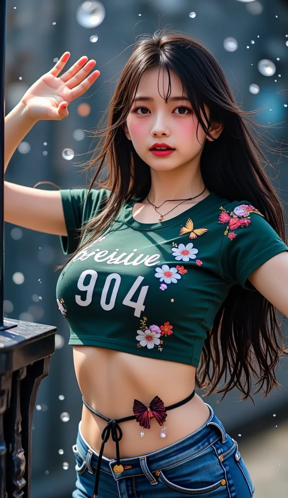 Masterpiece, best quality, 1 woman, Available in length, flow, Shimmering purple hair, light blue, And green, Wear it stylishly, A tight dark red top with straps that reveal the lower part of her abdomen., Stand in a prominent pose with one hand on the hip., And another hand holding a bright light., magical crystal ball. in the background, The vortex of light and energy adds to the mysterious and enchanting atmosphere of the scene.. I shine, colorful hair