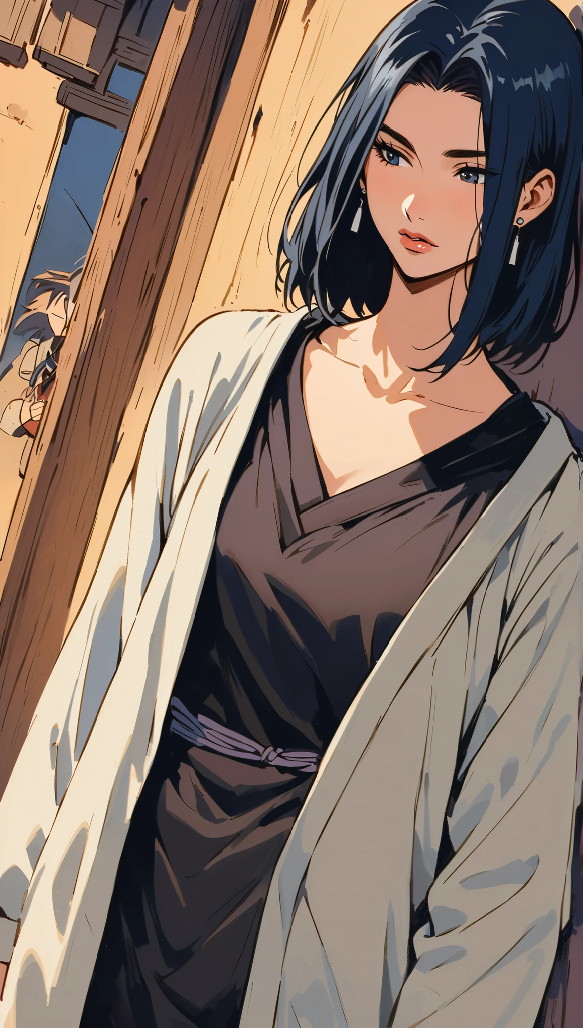vintage movie, girl, short hair, ((navy hair)), straight hair, woman body, cute earrings, ((dressed like hyuuga neji from naruto)), dutch angle
, hyuga clan, shinobi village, konohagakure, (((perfect lips))), perfect hair, looking down, shy, melancholic, ((young)), ((19 years old)), shonen style,
((solo girl)), straight spine, noble posture, conveys shyness
