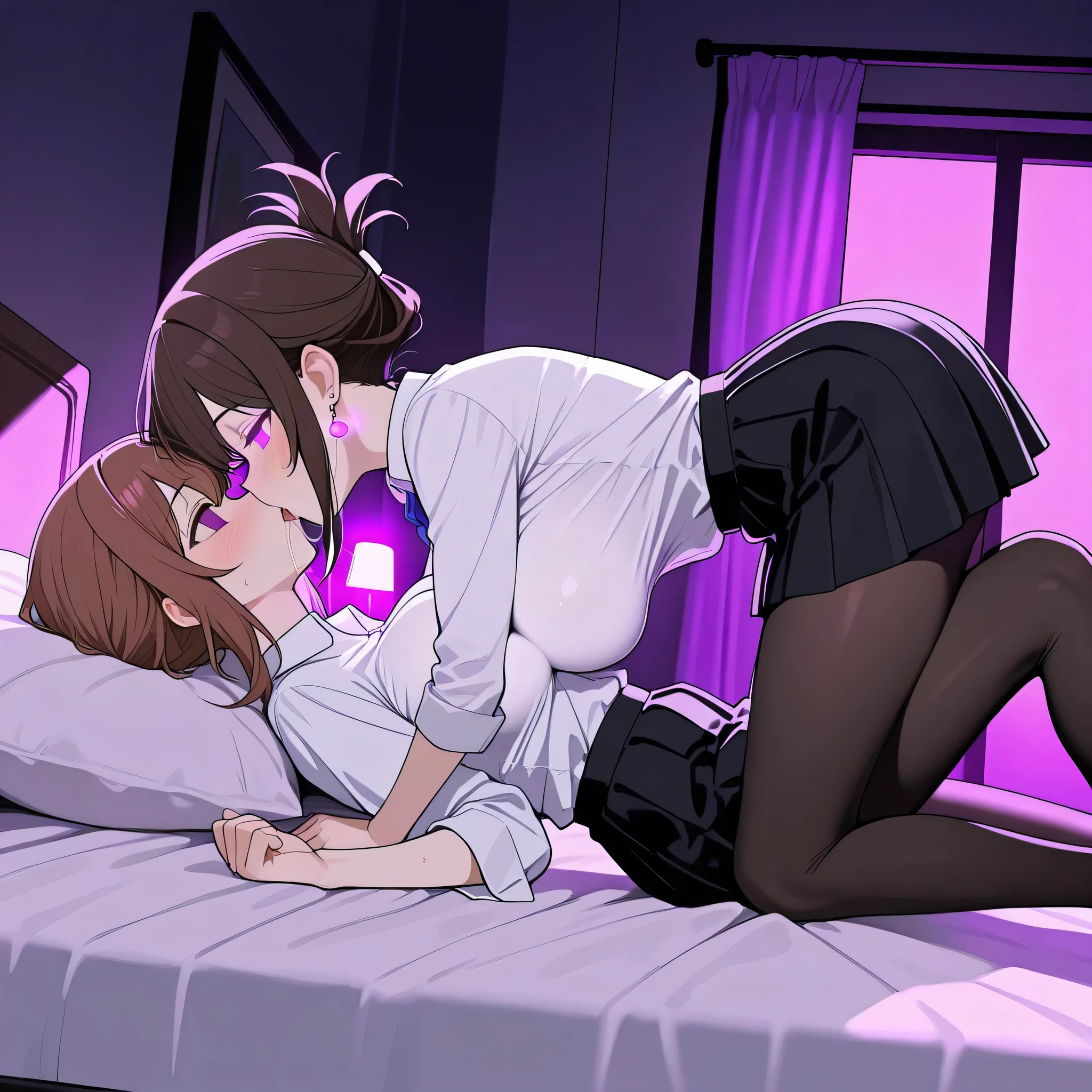 score_9, score_8_up, score_7_up, 2girls, yuri, girl on top, kissing, (top quality, 8k), high resolution, smooth, best quality, highly detailed, bedroom at night, lying down, in bed, purple light, (dark room), large breasts, glowing hypnotic waves in the background, at night, masterpiece, high quality, absurd resolution, blush, empty eyes, v_arms, white blouse, boob tent, taut clothing, breast press, black pantyhose, black pleated skirt, high heels, breast focus, jewelry, earrings, kanakojixl, brown hair, short hair, folded ponytail, very thin legs, long legs, black pantyhose, breast press, asymmetrical docking, kissing, v_arms, saliva trail, drooling, a lot of saliva