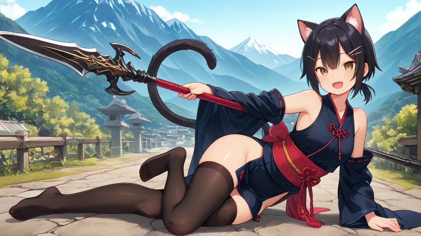 <lora:fetal_position2:1.0> , fetal position, bent legs, 1girl, animal ears, bangs, black hair, black legwear, blush, bow, breasts, brown eyes, eyebrows visible through hair, gloves, grey background, hair bow, hair flaps, holding, holding sword, holding weapon, katana, large breasts, lifted by self, long hair, looking at viewer, military, military uniform, miniskirt, pantyhose, pleated skirt, ponytail, ribbon, simple background, skirt, skirt lift, solo, sword, thighband pantyhose, twitter username, uniform, very long hair, weapon, white bow