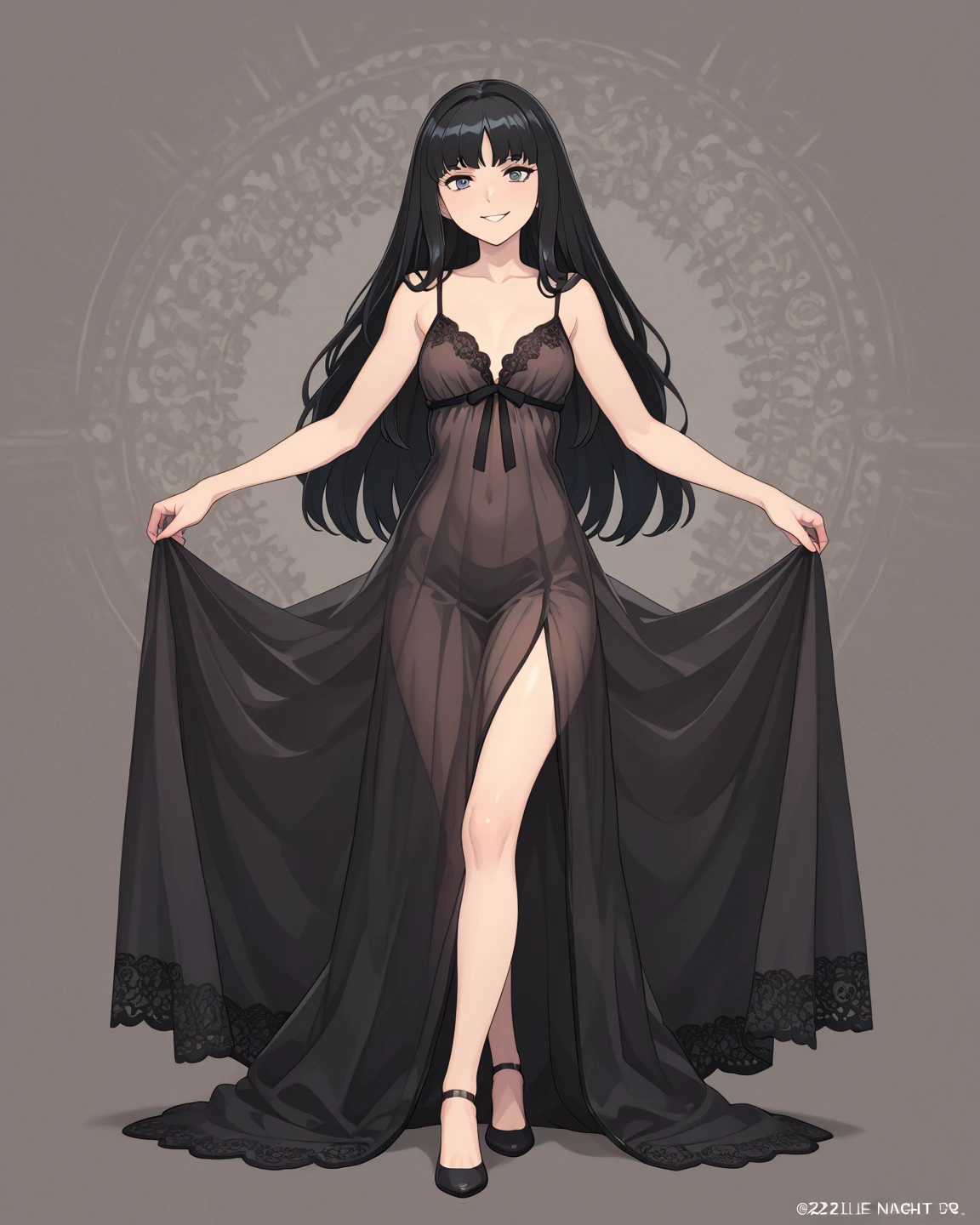 magical girl, very long black hair, very  lace dress,  sinister forest, magic, fantastic, night sky, moons, stars, background, , face full week, week in face, week in body, all week full, smile, (art inspired by Bill Sienkiewicz). oil painting)
