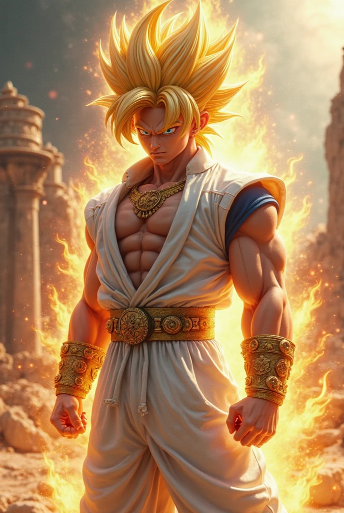 Super Saiyan Son Goku standing on the golden cloud, (best quality,Very detailed,masterpiece,high dynamic range,ultra high definition,k:1.3), professional,actual,original photo,bright colors, Stunning black and gold background, Sky blank cloud background, (Cloud speed is super fast，draw a long line), glowing bright eyes, clear facial features, vivid expression, Gopro