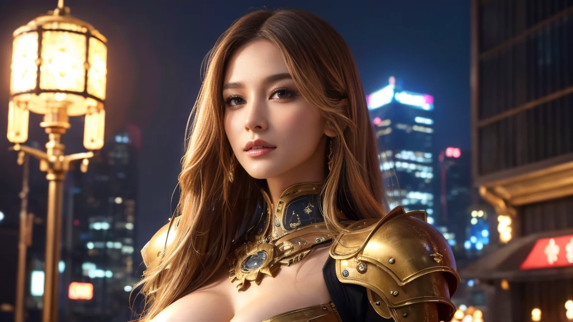 realistic, high resolution, morning sun,1 woman, alone, hips up, (detailed face), brown hair, long hair, She flashed a seductive smile..,Mecha Musume, mechanical parts, robot joint, single mechanical arm, Mechanical radius, Electric bikini set, white-red-gold, deserted city, Machine Breakdown