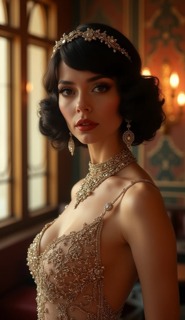(best quality,4k,8k,highres,masterpiece:1.2),ultra-detailed,(realistic,photorealistic,photo-realistic:1.37),vintage portrait,1920s black-and-white photography,classic Hollywood,old Hollywood glamour,flawless beauty,dramatic lighting,serene expression,charming smile,mischievous eyes,timeless elegance,vintage fashion,ornate accessories,fringed flapper dress,sparkling headband,pearl necklace,red lipstick,smoky eyes,voluminous curls,luxurious fur stole,delicate lace gloves,golden age of cinema,retro charm,hidden stories,unforgettable star,popular icon,extraordinary talent,admired by millions,fascinating aura,exclusive glimpse,hidden vulnerability,unique composition,sharp focus