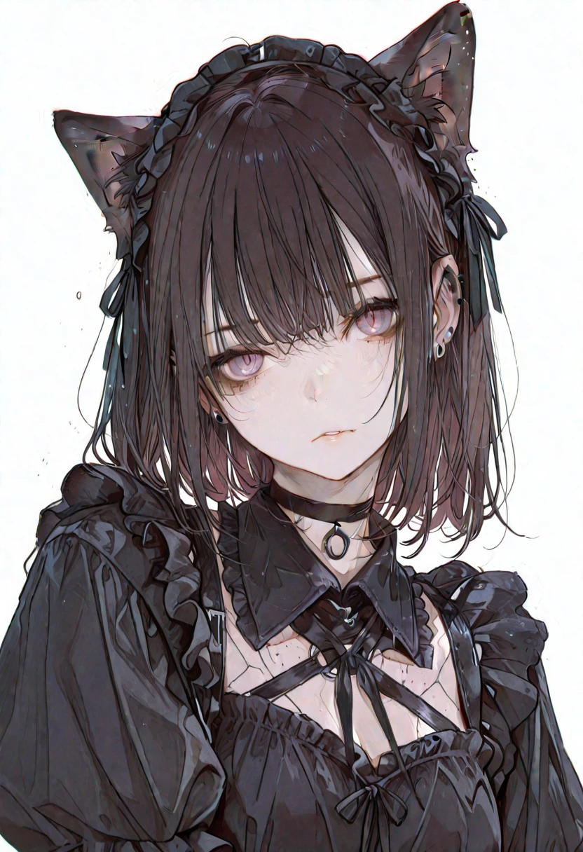 Neko ears, cat ears, black hair, grim reaper, black scythe, floating in air, above ground, black blade, absurdres, RAW photo, extremely delicate and beautiful, masterpiece, Best Quality, ultra high resolution, 32k, hyperrealistic, ultra-detailed, detailed description, pale skin, 20 years old, tearful mole, earring, short medium hair, wavy hair, whole body shot, skeleton in background, she is a necromancer. Ghost skulls. Aestetics. Black 1cat