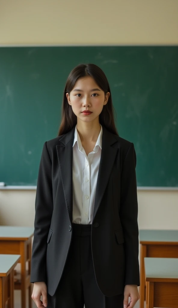 close portrait of x1a_n0texist in a sweater and slacks, standing at the front of a classroom, arms folded.