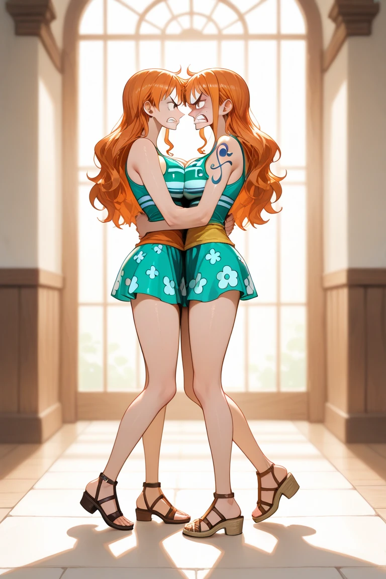 Body position: Standing, straight, symmetrical, barefoot, Lustful smile on face with red blush, 2 girls who gets married and stands in front of many people, kissing