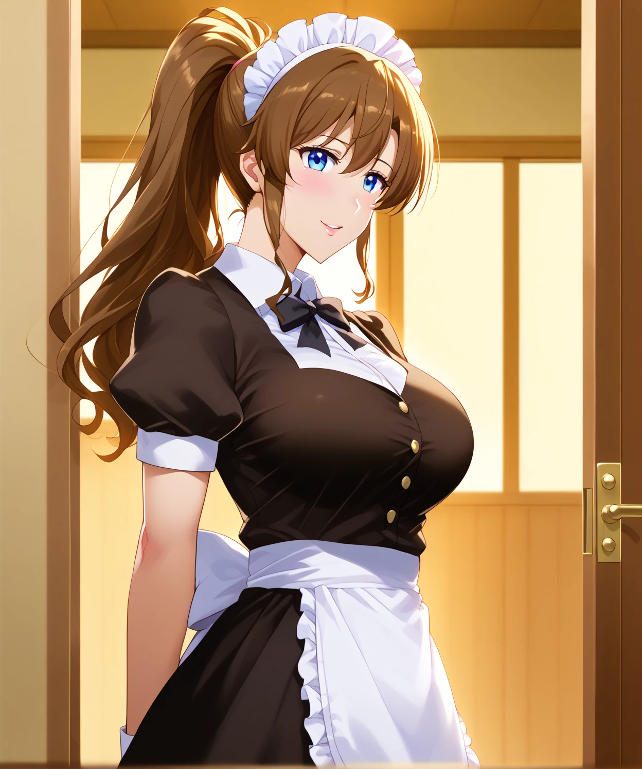 (Highly detailed CG Unity 8k wallpaper), (Best Quality), (Super Detail), (Best Illustration), (Best Shadow), POV, Realistic lighting and shading, Natural light, Lens flare effect, BREAK, 1 beautiful girl, Solo,(Cute:1.5),(Chibi:0.8), (kawaii:1.5),(Lori:0.5), BREAK, ( (17 years old girl), Very detailed, colourfull, highest details, BREAK, (Huge breasts: 1. 2,), Clear skin, Beautiful skin, Shy skin, 1 beautiful girl, Brown hair, (Cat ears, Ponytail, medium-Long hair: 1. 2), (Light blue eyes, long eyelashes, Double eyelids: 1. 2), Solo, gleaming skin, BREAK,(shortpants,Black shorts,Pichi Pichi:1.2), (Light blue dress, Long sleeves, maid apronl, White Apron, Blue Pants, Long pants:1.2), (star-shaped earring:1.1), (Lace headband:1.0), (Cute Accessories:1.3), (:D,Happiness:1.1), (is standing,Slouched:1.3), Holding a man's trunks with both hands, (Angle from below,Emphasizes cleavage:1.1), BREAK, (Caregiver:1.2),(Facilities for the elderly,Entrance to the bathroom,Day Service,in a house:1.5),(Multiple male elderly people undressed)