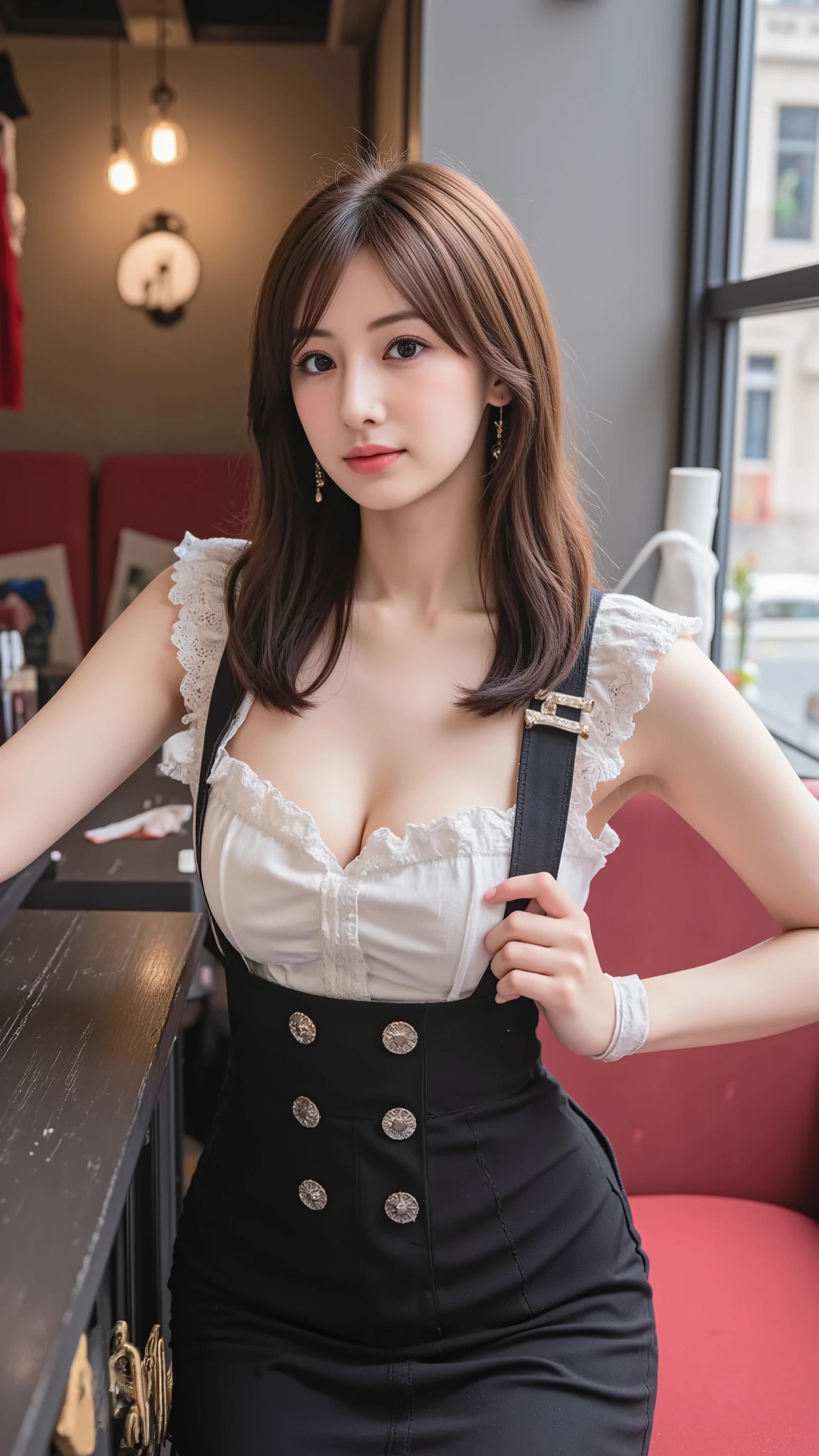 (masterpiece), (best quality), (), (realistic:1.3), (modern gothic cafe interior:1.4), (beautiful Japanese woman:1.5), An ultra-busty Keiko Kitagawa working at a maid café, wearing a gothic-style maid outfit with a loose-fitting chest area, emphasizing her deep cleavage, ((super huge ample breasts))