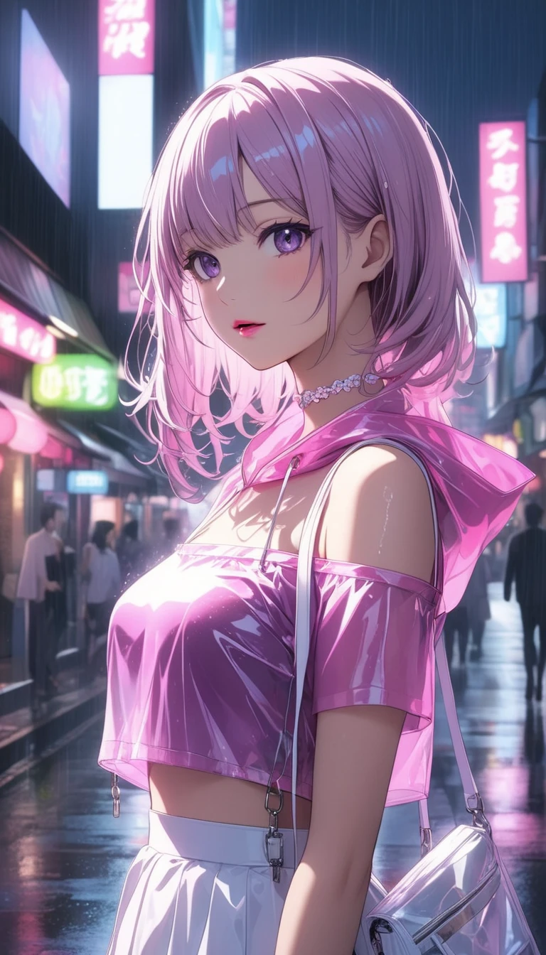 (Masterpiece, BestQuality:1.3), (ultra detailed:1.2), (hyperrealistic:1.3), (RAW photo:1.2), High detail RAW color photo, professional photograph, (Photorealistic:1.4), (realistic:1.4), (Pink Hair:1.5), professional lighting, perfect anatomy, (Big Breasts:1.2), (blush, detailed face), (A happy smile:1.7), Trending Hair&Trending Hairカラーをランダムに, earrings, necklace, bracelet, sexly, erotic sexly, Random sexy gravure poses, (Sexy beauty in a white off-the-shoulder dress、Night city neon lights in the background、Long Straight Hair、A seductive smile、One leg is slightly bent。:1.3)