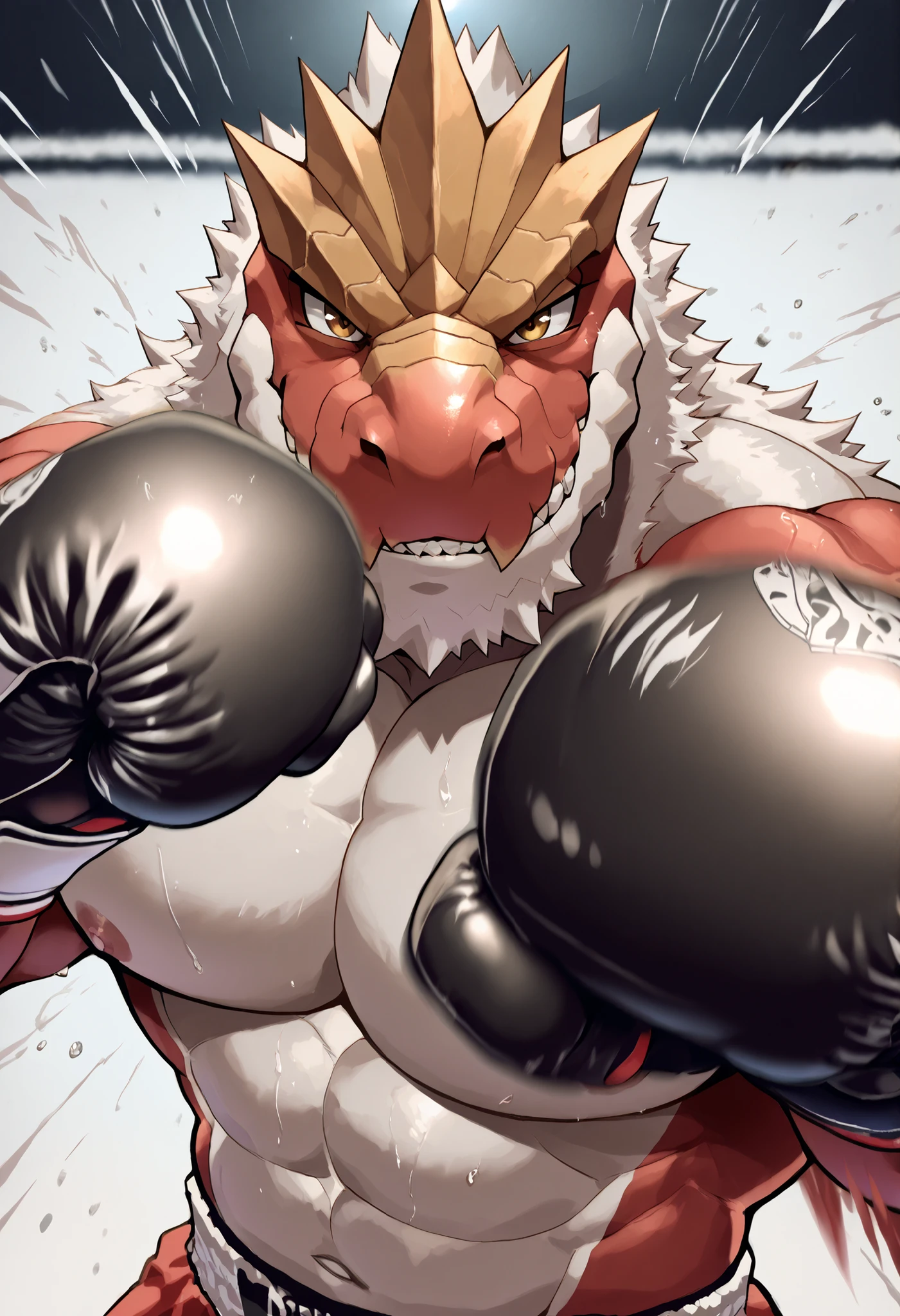 zPDXL3, pov_boxing, mercilessly punching_the_viewer, foreshortening, motion blur, black boxing gloves, depth of field, extreme perspective, extreme closeup, closeup, action shot, boxing, fierce punching pose, motion lines, impact lines, mercilessly fierce punching the viewer, punchingt the viewer in the face and torturing, boxing ring background, braker tyrantrum heavy wait boxing champion, furry male, heavy muscular, veiny muscles, looking at viewer, ruthless smile, bedroom eyes, smug, bara, large pectorals, lowangleview-3000