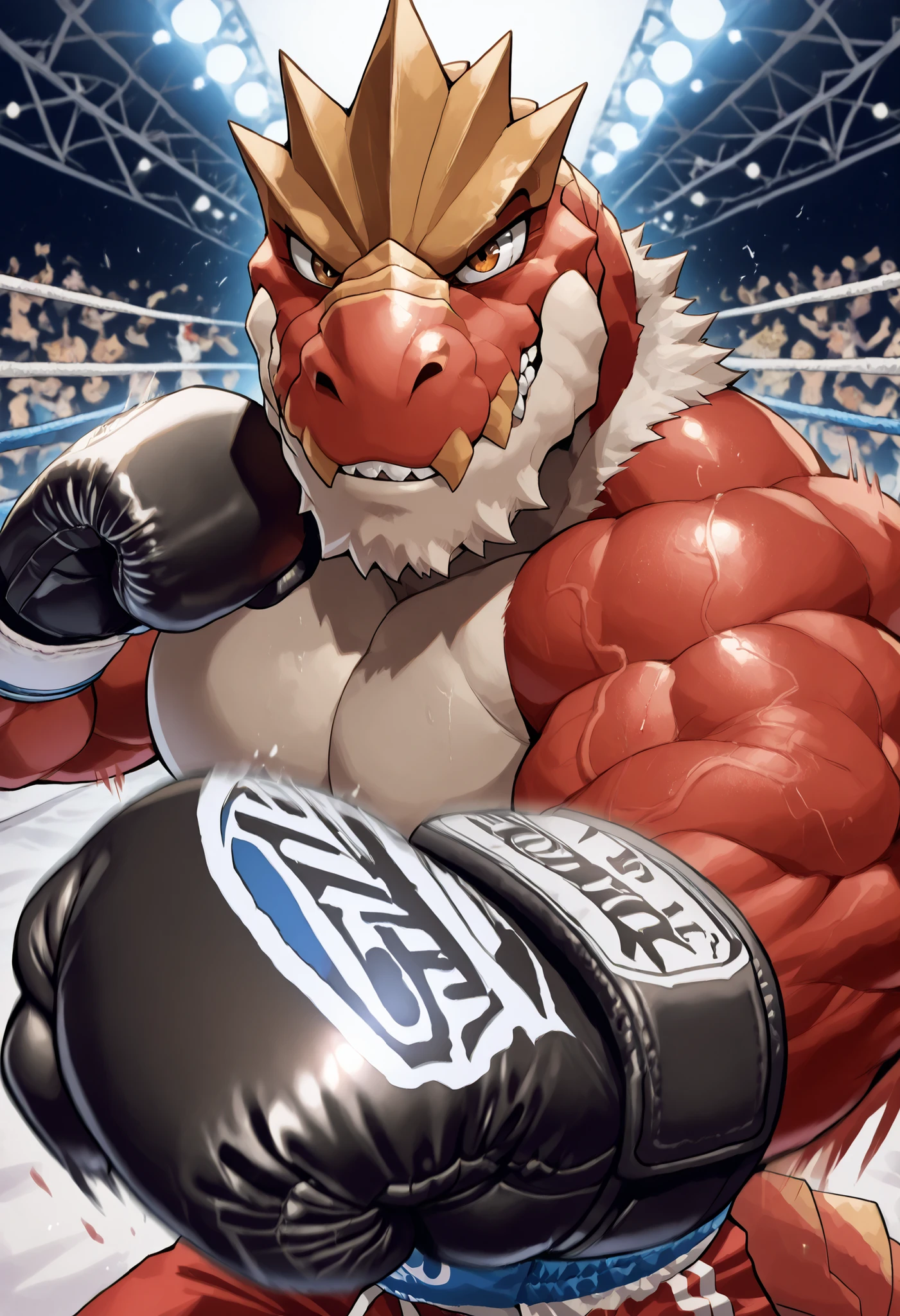 zPDXL3, pov_boxing, mercilessly punching_the_viewer, foreshortening, motion blur, black boxing gloves, depth of field, extreme perspective, extreme closeup, closeup, action shot, boxing, fierce punching pose, motion lines, impact lines, mercilessly fierce punching the viewer, punchingt the viewer in the face and torturing, boxing ring background, braker tyrantrum heavy wait boxing champion, furry male, heavy muscular, veiny muscles, looking at viewer, ruthless smile, bedroom eyes, smug, bara, large pectorals, lowangleview-3000