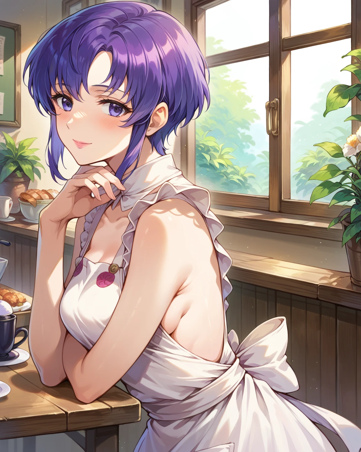 (masterpiece)、(absurdres)、(ultra detailed)、(8k),(solo girl,Slender:1.1,shiny ultramarine hair,straight hair,short bobcut:1.1,ultramarine eyes,hair covering one eye:1.1,irisless eyes, chest,Staring across the table、Toast the viewer with a wine glass,maxi dress:1.1,happy,closed mouth,