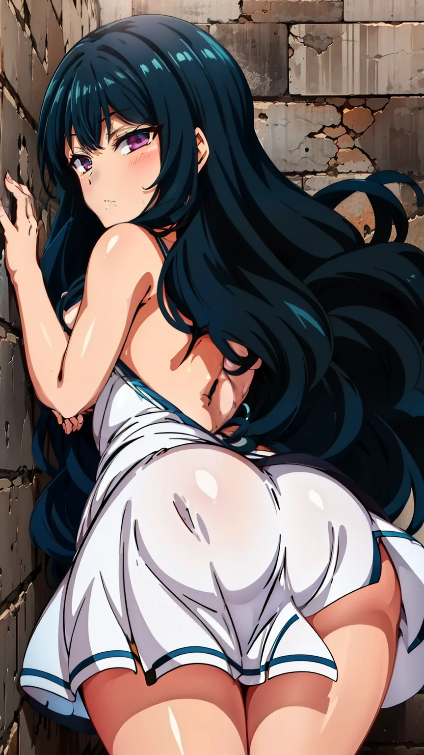 (masterpiece, best quality, high resolution, 8k:1.2),anime art style, nozaki yuu,anime, girl１people, (small ), (narrowed eyes, eyes half-closed, jitome, rolling eyes :1.2), (eye light: 1.2), closed mouth, blue hair, very long hair, (wavy hair:1.2), purple eyes, beautiful eyes, highly detailed face, (short:1.4), Detailed CG, expressionless, solo, nffsw, (beautiful breasts),(dress),(sexy back pose, , wall),  (()), looking at the viewer, in the center of the image, (cowboy shot), dutch angle, 