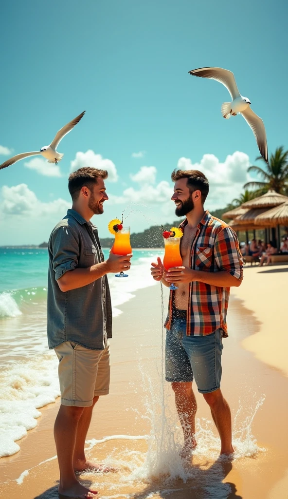 They're sitting at a table with drinks and a cell phone, Mars Ravelo e Greg Rutkowski, Postagem no Reddit, pessoas bebendo cerveja, pegando seus tacos e bebida), JoSan Gonzalez e Tyler Edlin, beber cerveja e rir, Paulo Pepera Pablo Roldan, divertindo-se, Em uma festa na praia em Ibiza