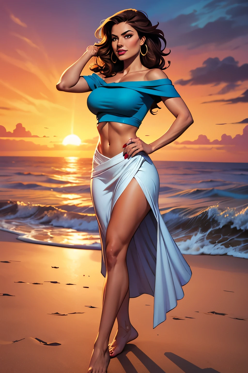 highres, ultra-detailed, (best quality,4k,highres,masterpiece),subdued colors, vivid colors, professional lighting, detailed lips, detailed eyes, tomboy girl, tomboy style, black hair, brown skin, short hair, ((messy hair)), strong body, ((tanned skin)), angelical smile, detailed muscles, ecchi, erotic, ((sunset)), beach background, ((majestic white dress)), (one piece dress), ((black eyes)), neutral face, best quality, masterpiece, 4k, HDR,
